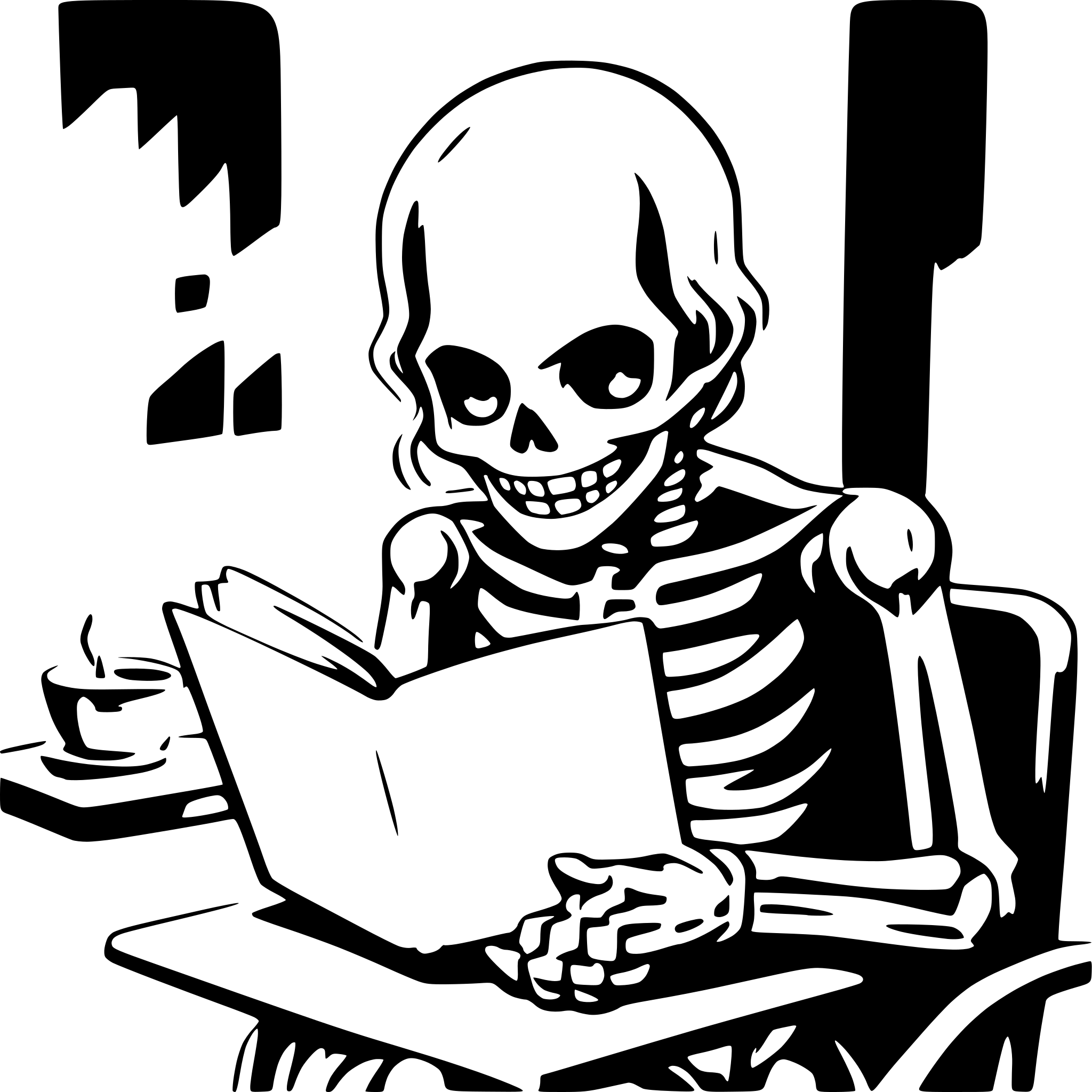 AI-generated SVG of a skeleton reading a book