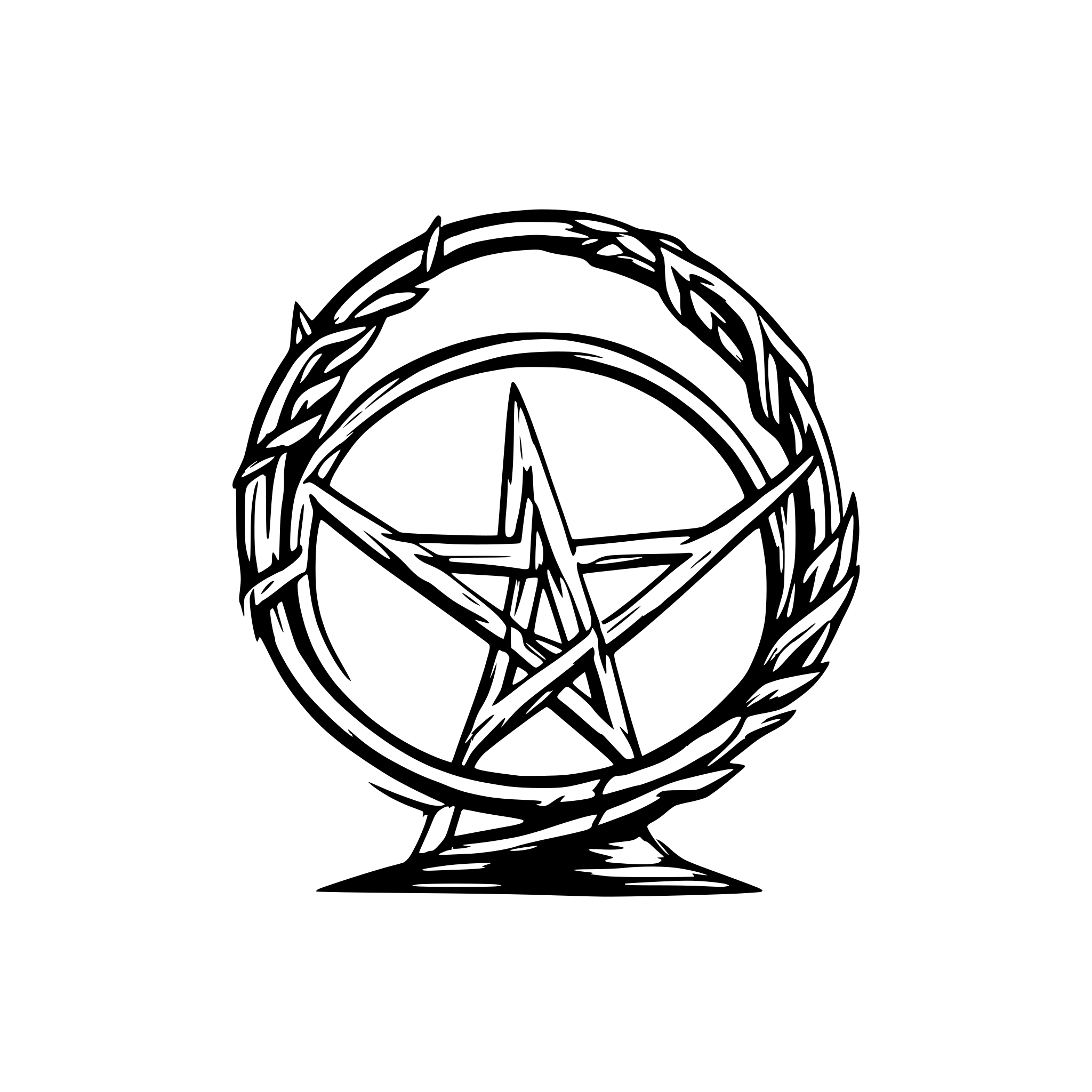 AI-generated SVG of 'Reverse Pentagram-like. the vine wraps around barbed wire compressed into a circle'