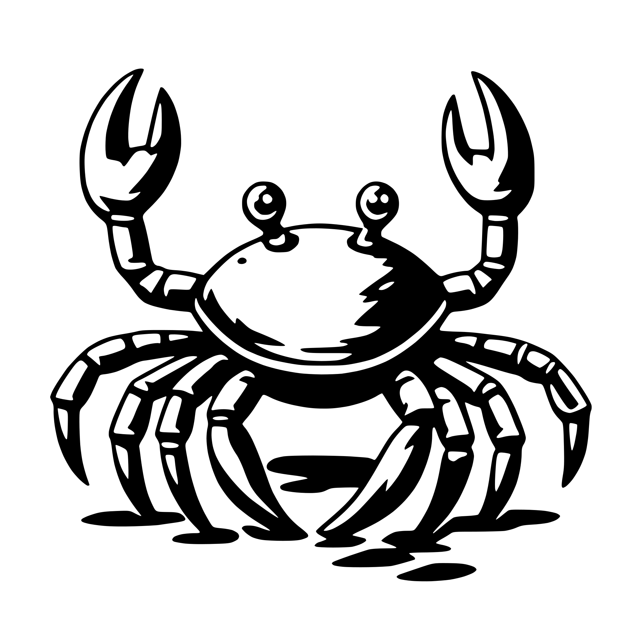 The SVG depicts a stylized illustration of a crab. The crab is shown with its claws extended outward, and its body is curved with a smooth, rounded shape. The crab's eyes are large and round, and it has two antennae extending from its head. The crab is set against a plain background. There is no interaction between the crab and other objects, as it is the sole focus of the SVG. 