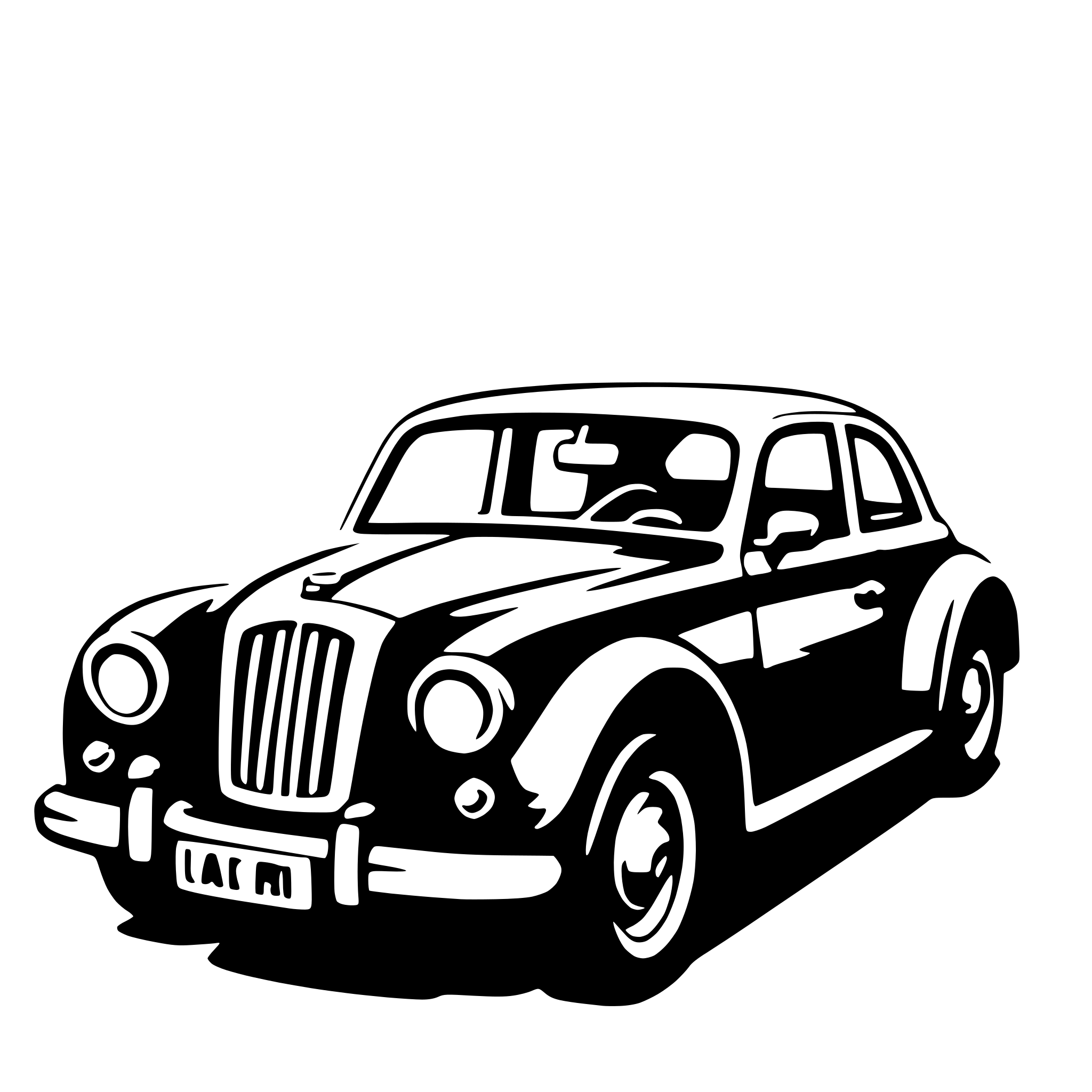 The SVG depicts a classic car, which is a type of vehicle. The car is shown from a three-quarter front view, with the front wheel and part of the hood visible. The car has a distinctive grille with a large emblem in the center, which is characteristic of certain luxury car brands. The headlights are round and appear to be off. The car's body has a glossy finish, suggesting a smooth surface. The wheels have a hubcap design, and the tires have a tread pattern typical of older vehicles. The car is stationary, and there are no visible texts or other objects interacting with it. The style of the SVG is reminiscent of a line drawing, which is a common technique in vector graphics. 