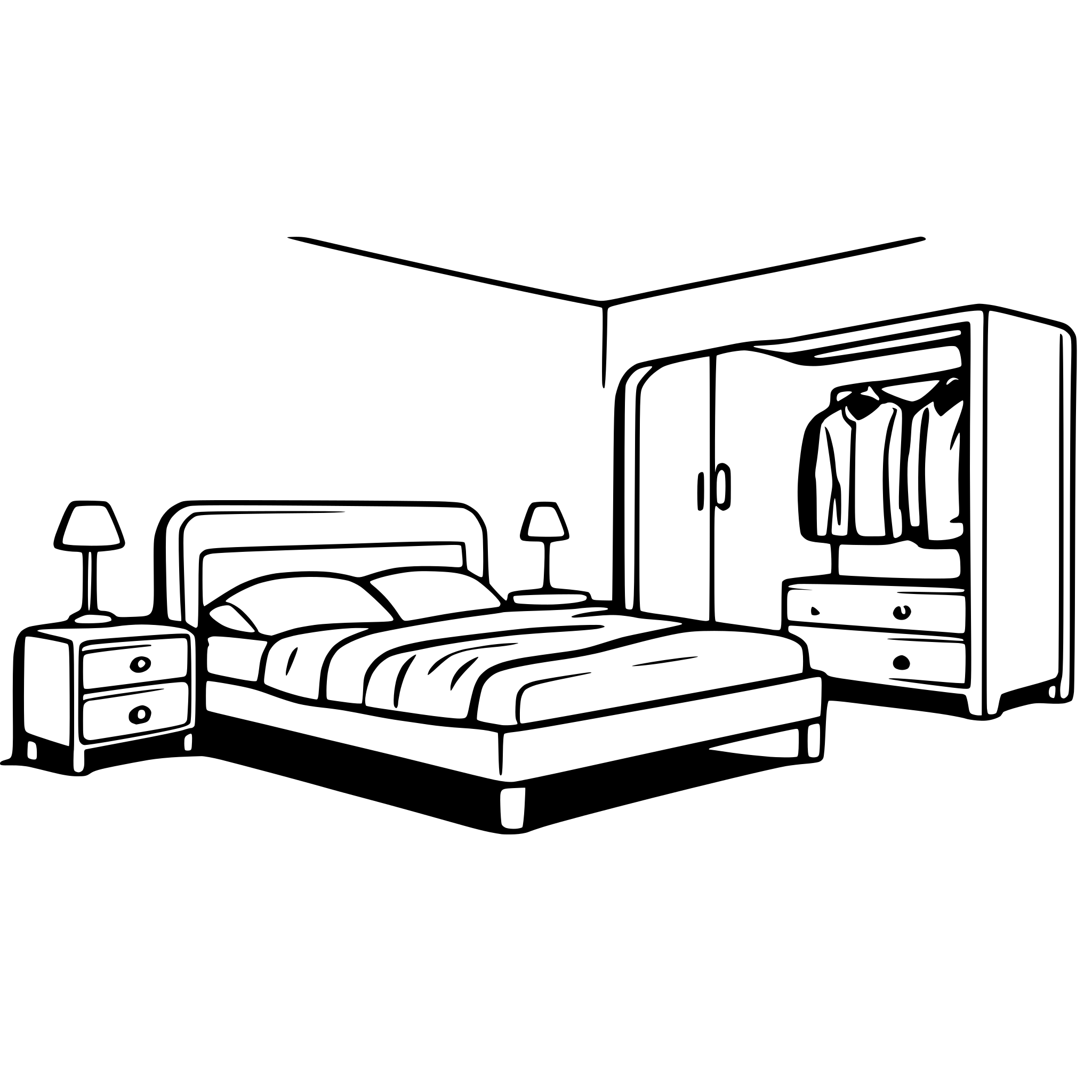 AI-generated SVG of a bedroom with bed, table, luster and wardrobe