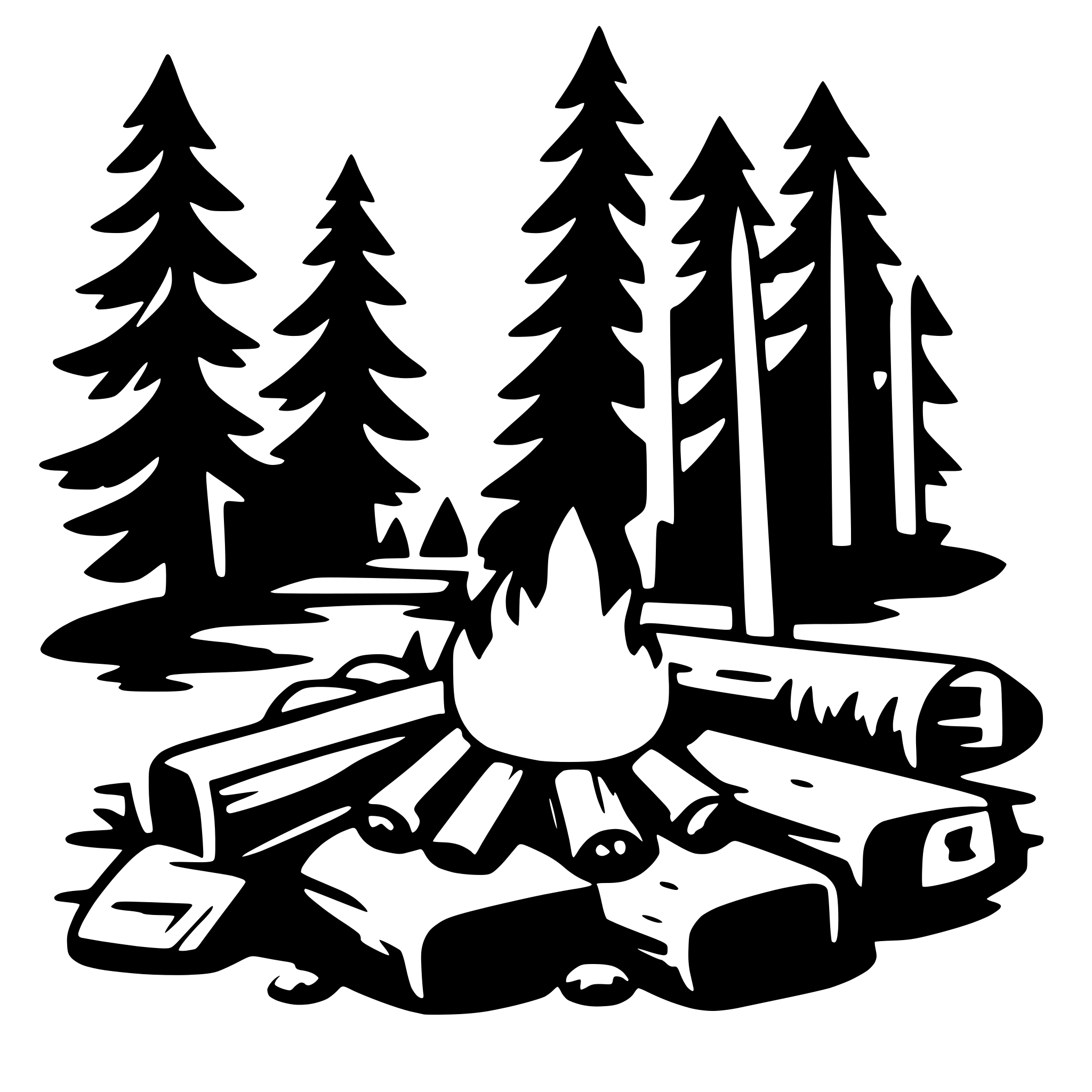The SVG depicts a campfire scene. At the center, there is a campfire with flames and a pile of logs. Surrounding the fire are several trees, which appear to be evergreens, given their conical shape. The trees are arranged in a semi-circle around the fire, suggesting a natural clearing or campsite. The overall style of the SVG is simplistic and cartoonish, with bold outlines and minimal shading. The SVG does not contain any text or additional elements. 