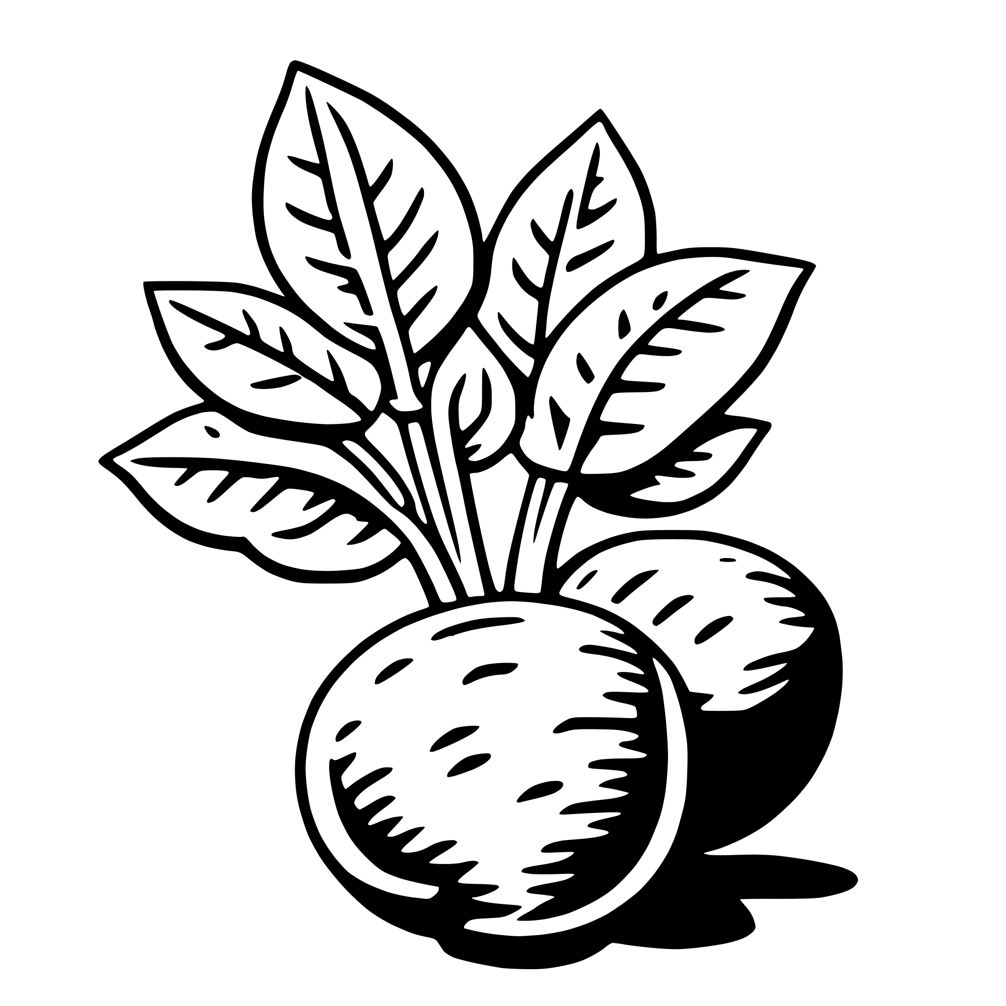 The SVG depicts a stylized illustration of a plant with broad, green leaves and a bulbous root vegetable. The leaves are arranged in a symmetrical pattern around the bulb, suggesting growth and vitality. The bulb itself has a textured surface, indicating its natural, earthy texture. The overall design is simple and clean, with no additional elements or background details. The plant and bulb are the main focus of the SVG, and their interaction is one of growth and nourishment, as the leaves are typically associated with photosynthesis and the bulb with the storage of energy for the plant. 