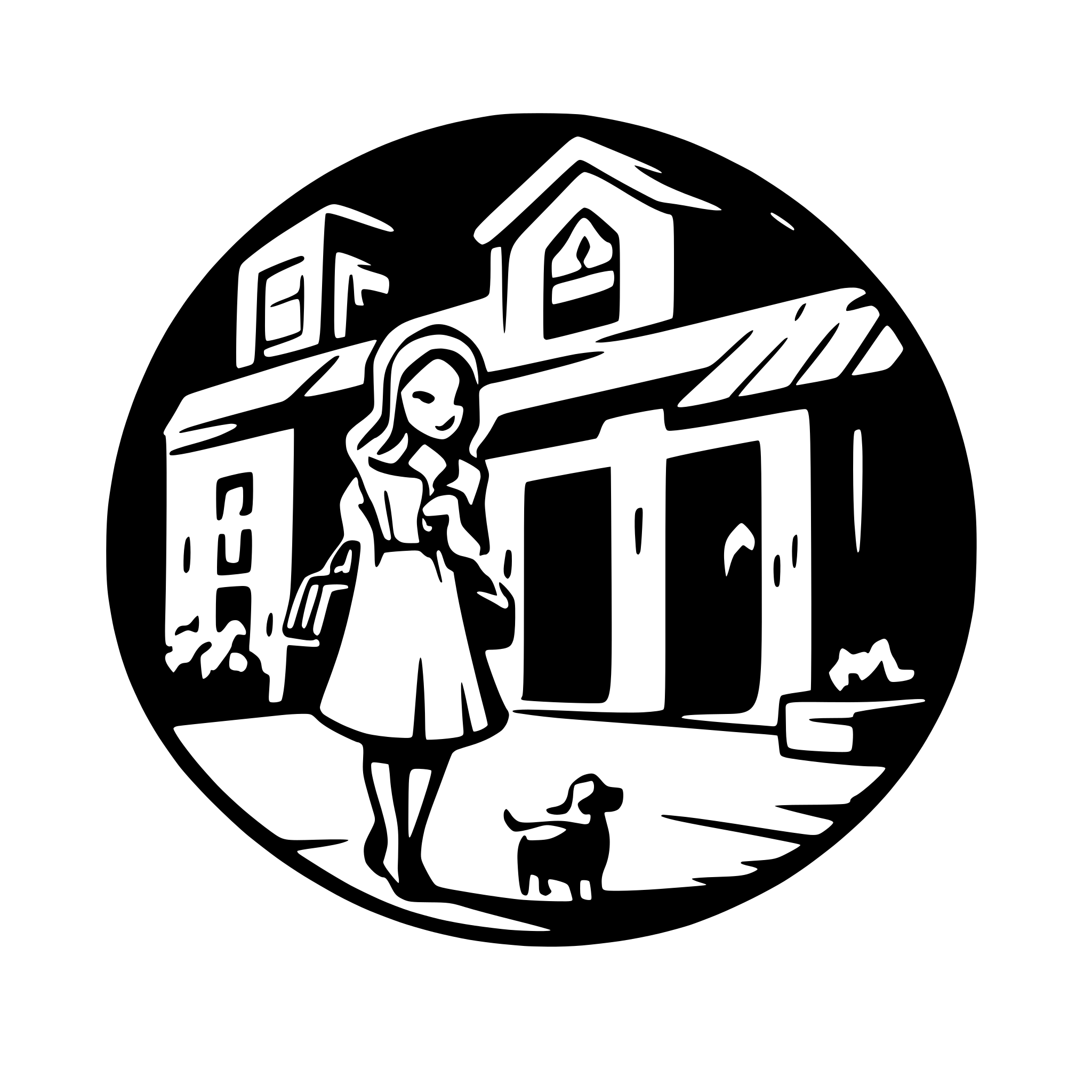 AI-generated SVG of a girl walking a dog with some shopping in colmar