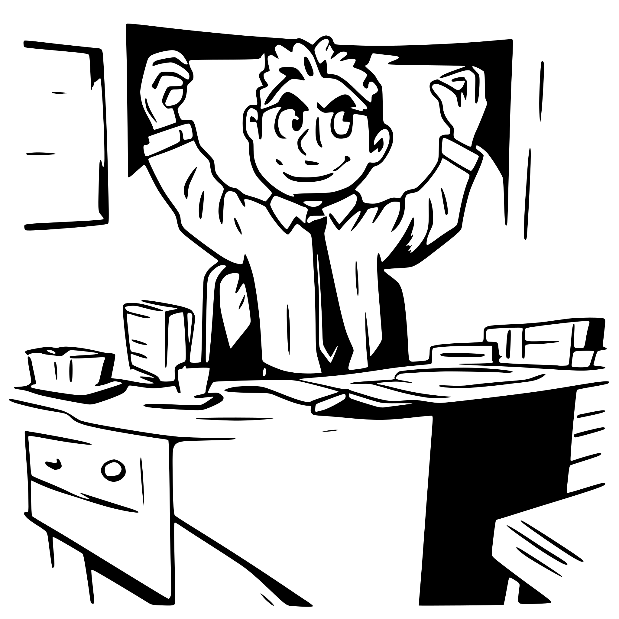 AI-generated SVG of a a man sitting on his desk with office clothes performing a stretch bringing his arms together to the air