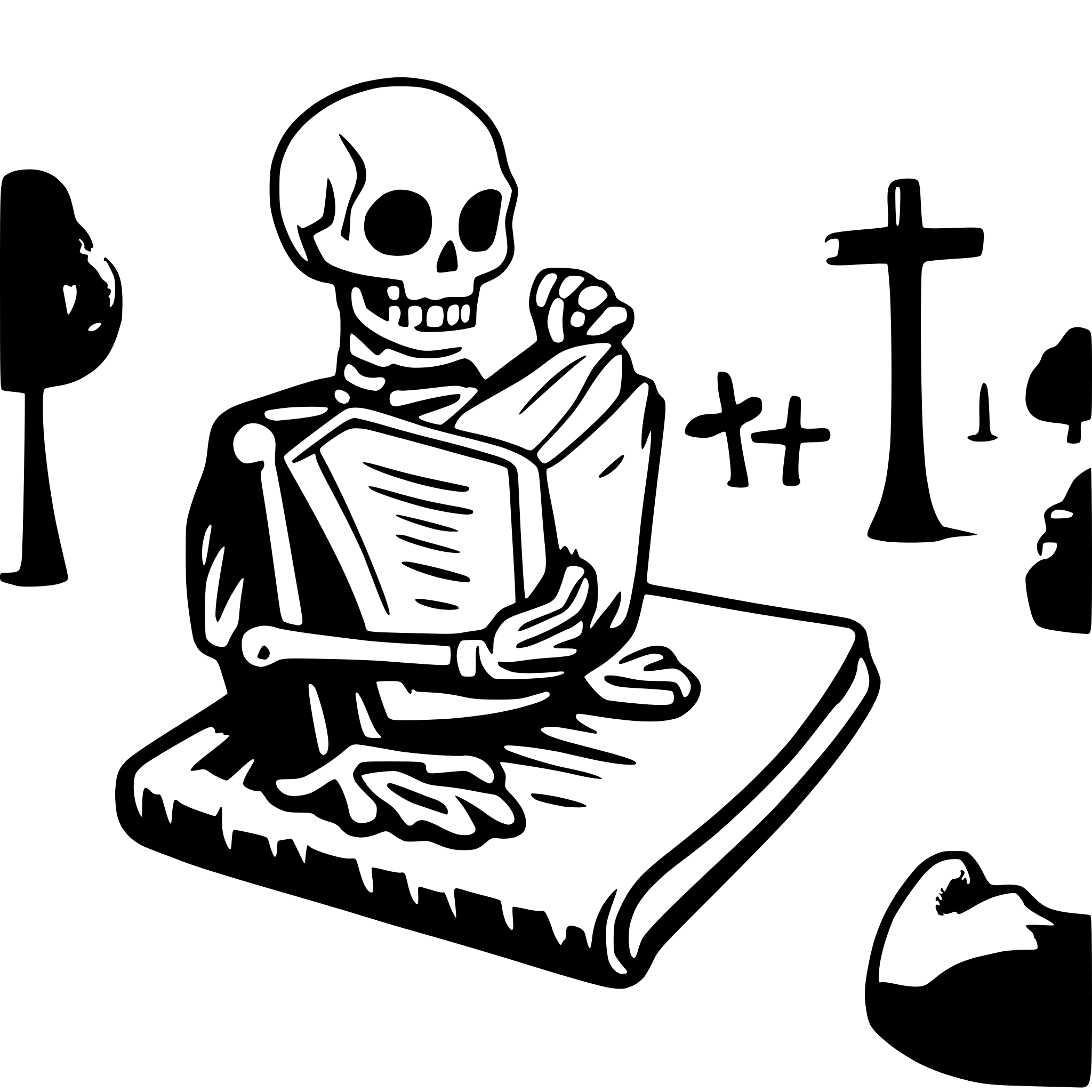 AI-generated SVG of a a skeleton on a cemetery reading a big book