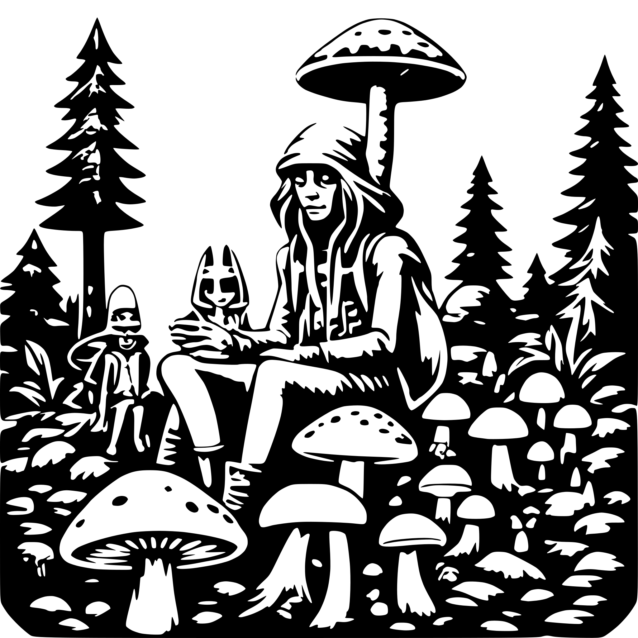 AI-generated SVG of a Aliens sitting on mushrooms in a psychedelic forest and wizard