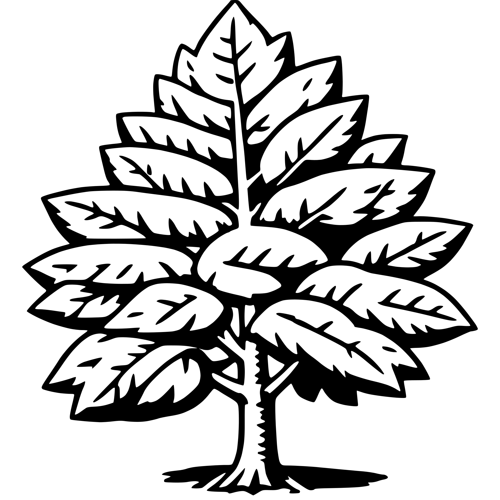 The SVG depicts a stylized tree with a prominent trunk and a canopy of leaves. The leaves are arranged in a symmetrical pattern, with the largest leaves at the top and smaller ones towards the bottom. The tree is outlined in black, and there is no color information provided. The style of the SVG is simple and graphic, with clean lines and no shading or texture details. The tree is the central focus of the SVG, and there are no other objects or interactions depicted. 