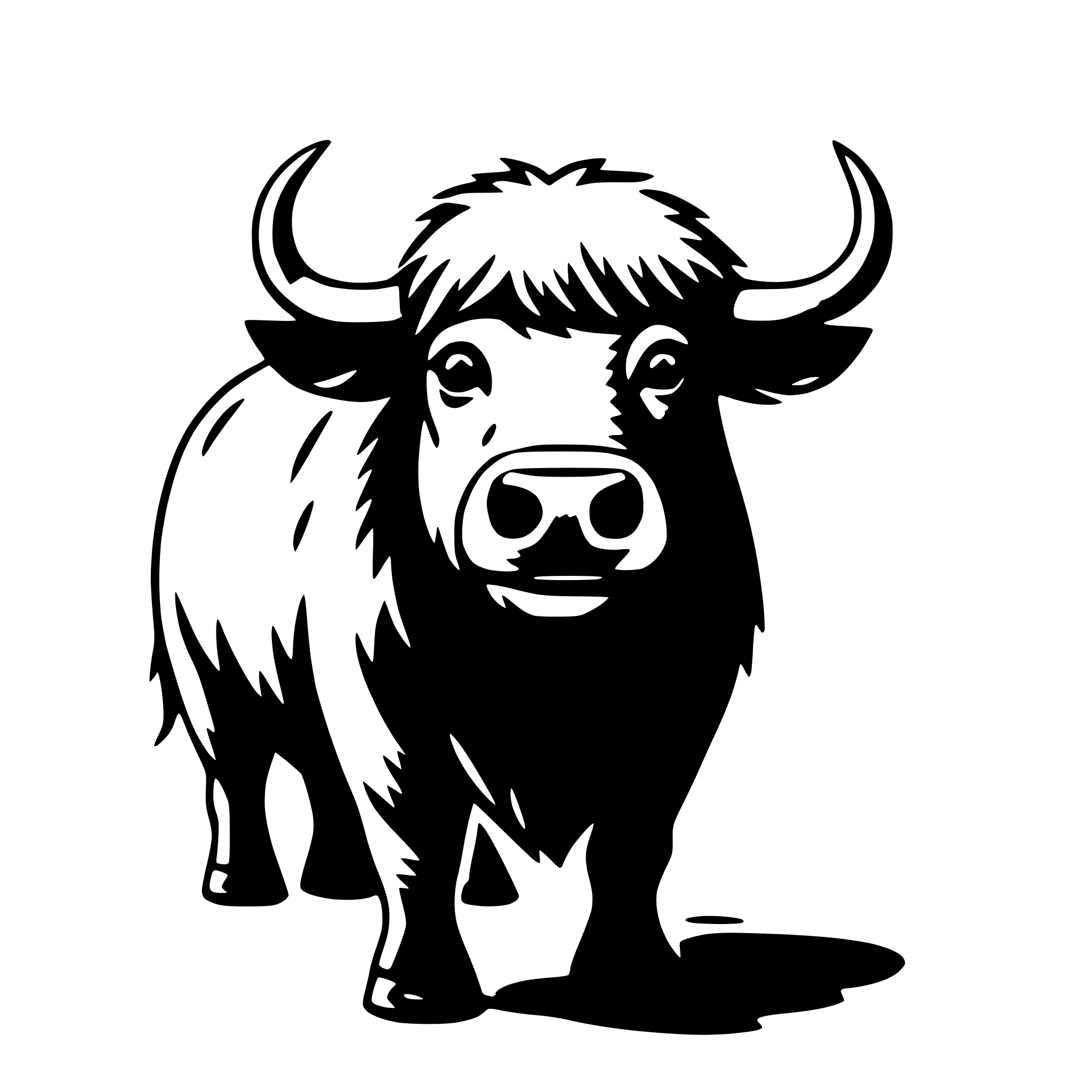 The SVG depicts a stylized black and white illustration of a cow. The cow is standing with its head turned slightly to the left, and it has a content expression on its face. The cow's body is round with a prominent hump on its back, and it has two horns on its head. The cow's legs are short and sturdy, and it has a tail that is visible at the back. The cow is standing on a flat surface, and there is a shadow beneath it, suggesting a light source from the upper left side of the SVG. The SVG is simple and does not contain any additional objects or interactions. 