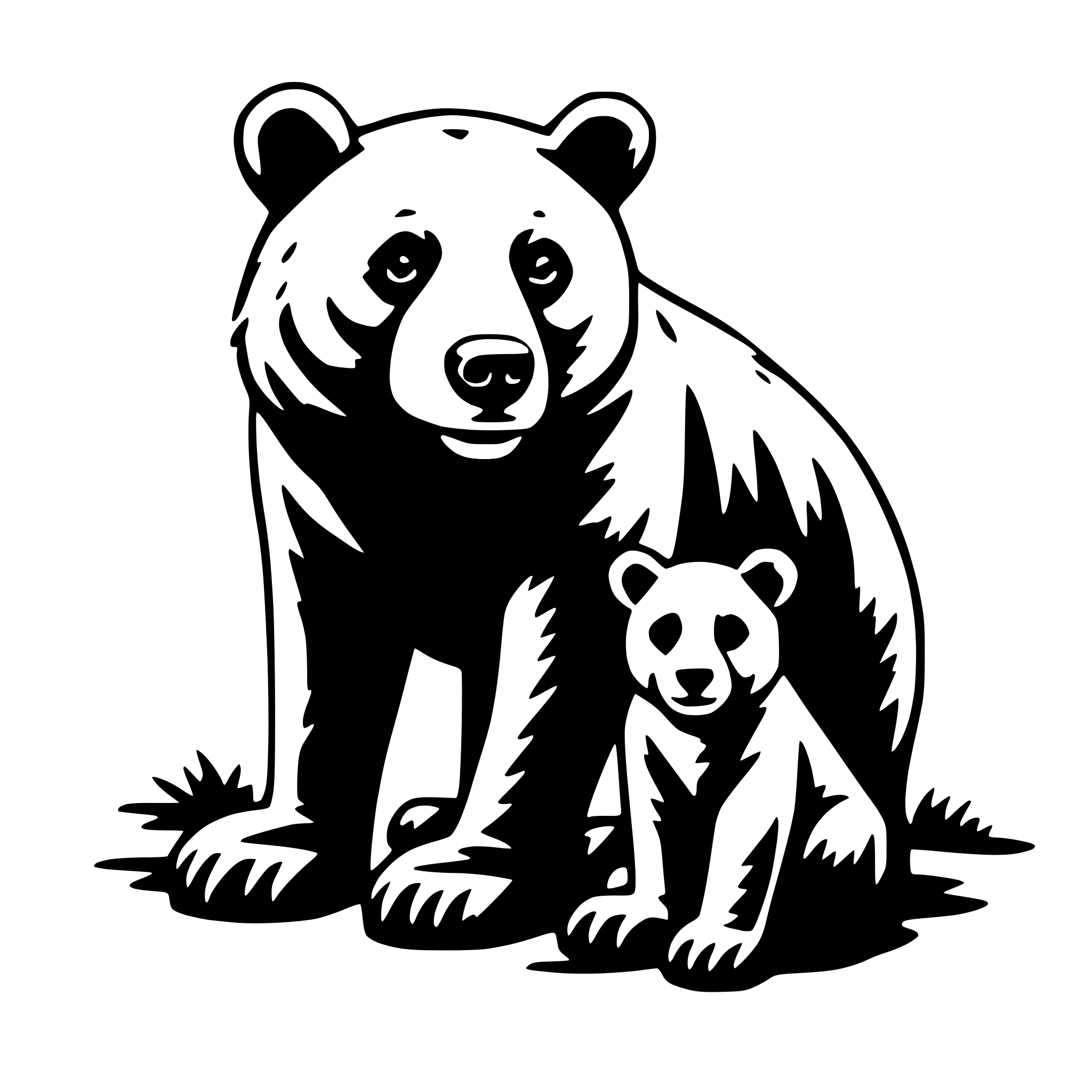 The SVG depicts a mother bear and her cub. The mother bear is standing upright on her hind legs, with her front paws resting on the ground. She is facing the viewer with a calm expression. The cub is sitting on the ground, looking up at the mother bear with a curious and attentive expression. The mother bear's protective stance and the cub's attentive posture suggest a strong bond between them. 