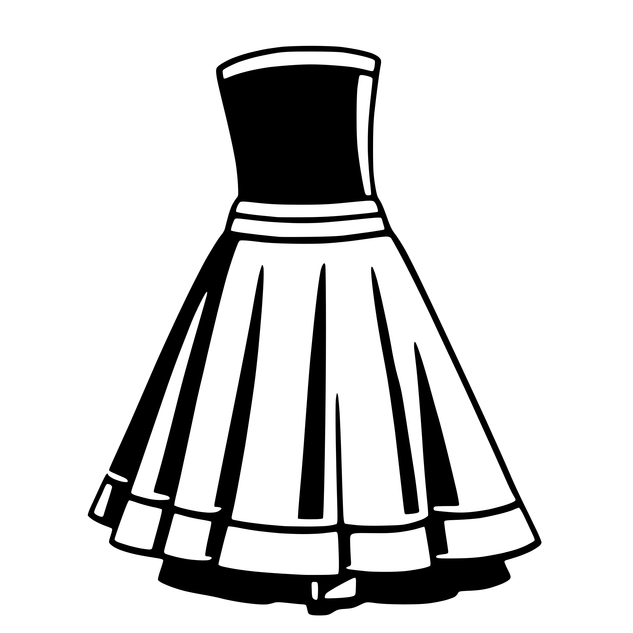 The SVG shows a stylized, simplified line drawing of a dress. The dress features a flared skirt with horizontal lines suggesting folds, and a fitted bodice with a V-neckline. The lines are black against a white background, creating a clear contrast. The style of the drawing is minimalistic and abstract, focusing on the basic shapes and lines to represent the dress. There is no interaction between objects as the SVG is a single, self-contained graphic. 