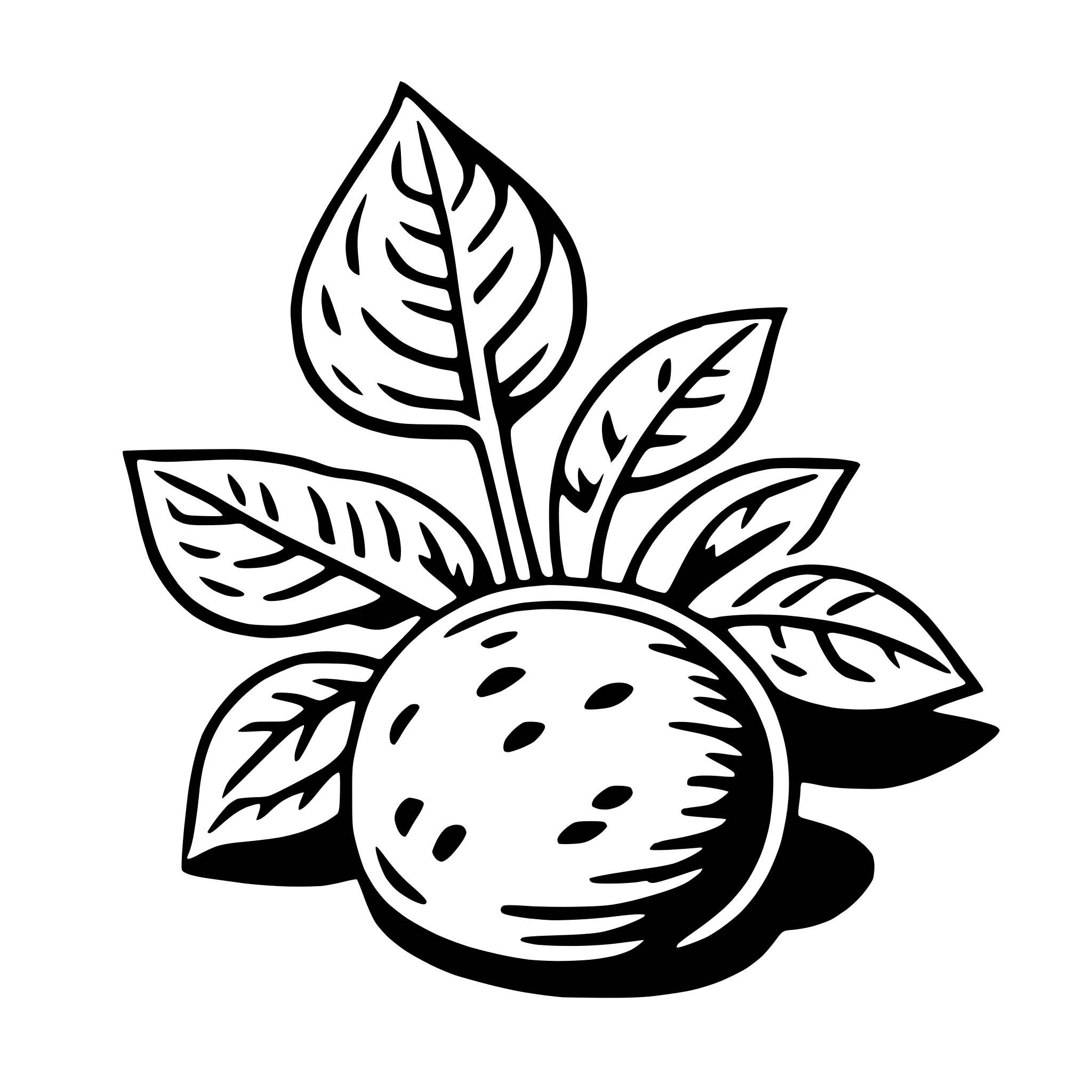 The SVG depicts a stylized illustration of a fruit, possibly an orange or a similar citrus fruit, with leaves surrounding it. The fruit is shown with a textured surface, and the leaves are detailed with veins and a smooth edge. The leaves are arranged in a circular pattern around the fruit, creating a sense of growth or a bouquet-like presentation. The style of the illustration is simple and graphic, with clean lines and a limited color palette. 