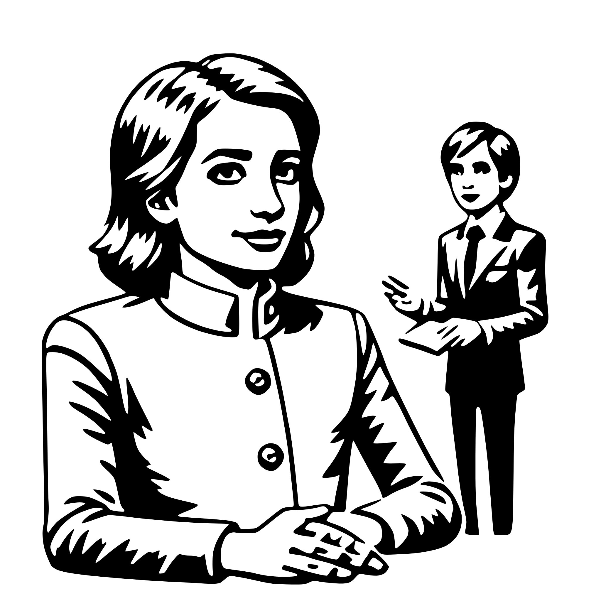 The SVG features a stylized illustration of a woman and a man. The woman is depicted with a confident expression, wearing a coat with a collar and buttons, and her hands are clasped together. She is standing and appears to be engaged in a conversation or presentation. The man, standing to her right, is dressed in a suit and tie, and he is holding a piece of paper, possibly a document or a presentation slide. He seems to be listening attentively to the woman. The style of the illustration is simple and cartoon-like, with bold outlines and minimal shading. There is no text present in the SVG. 