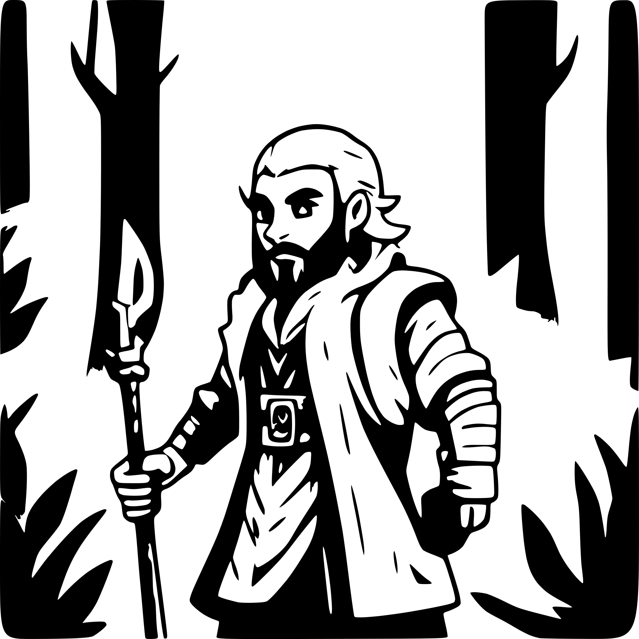 AI-generated SVG of a fierce male druid with beard in a dark forest