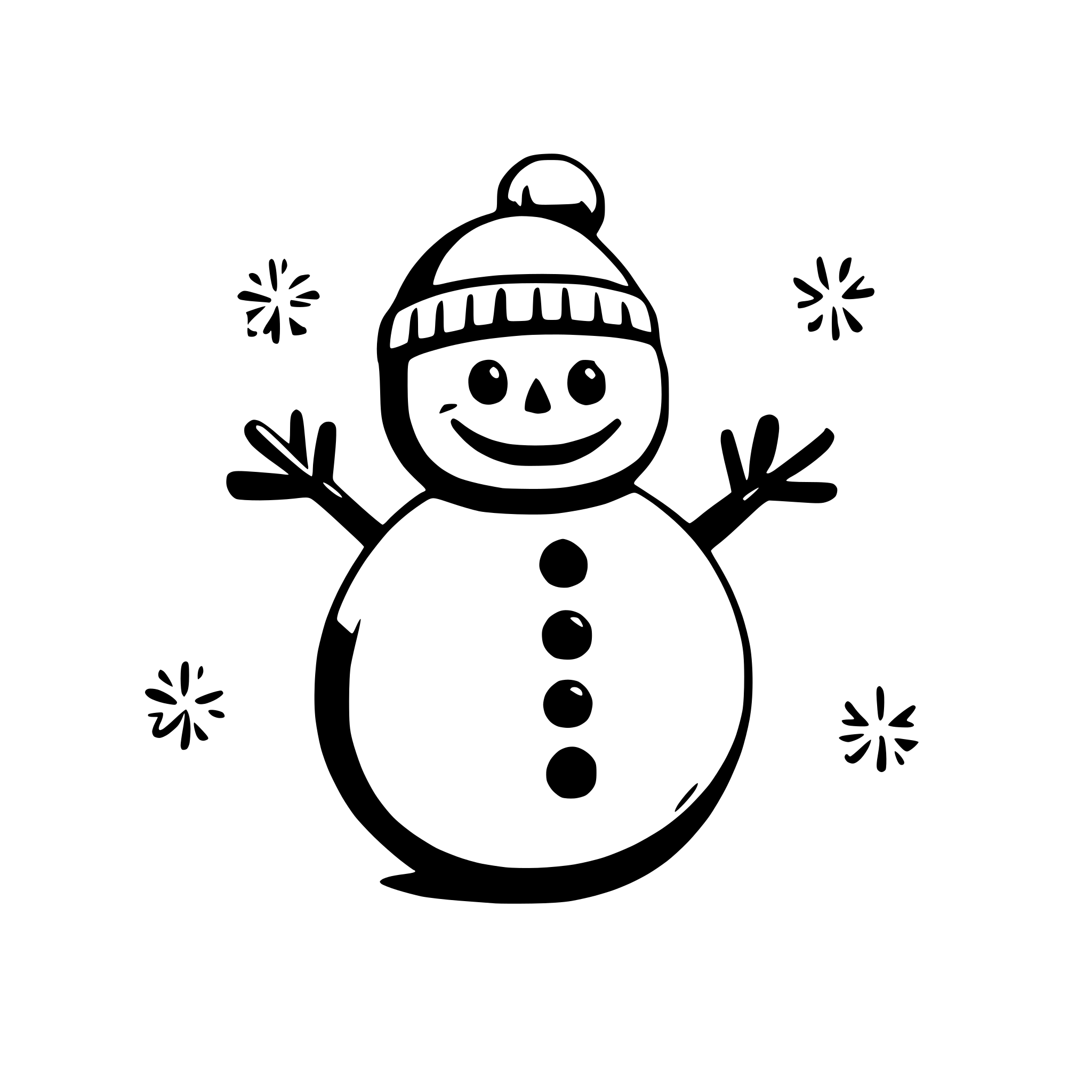 AI-generated SVG of a simple snowman with snowflakes around