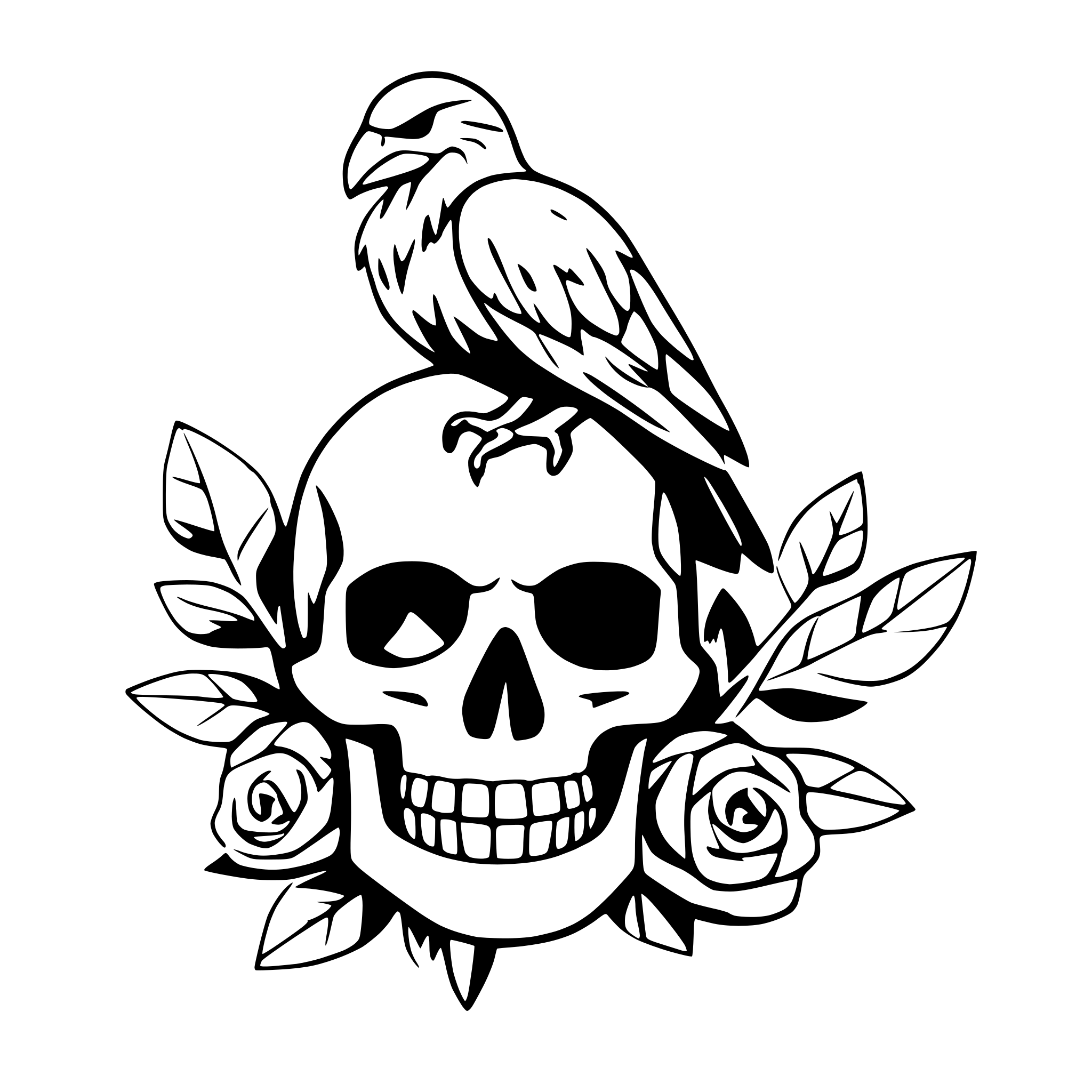 AI-generated SVG of a raven on skull with roses