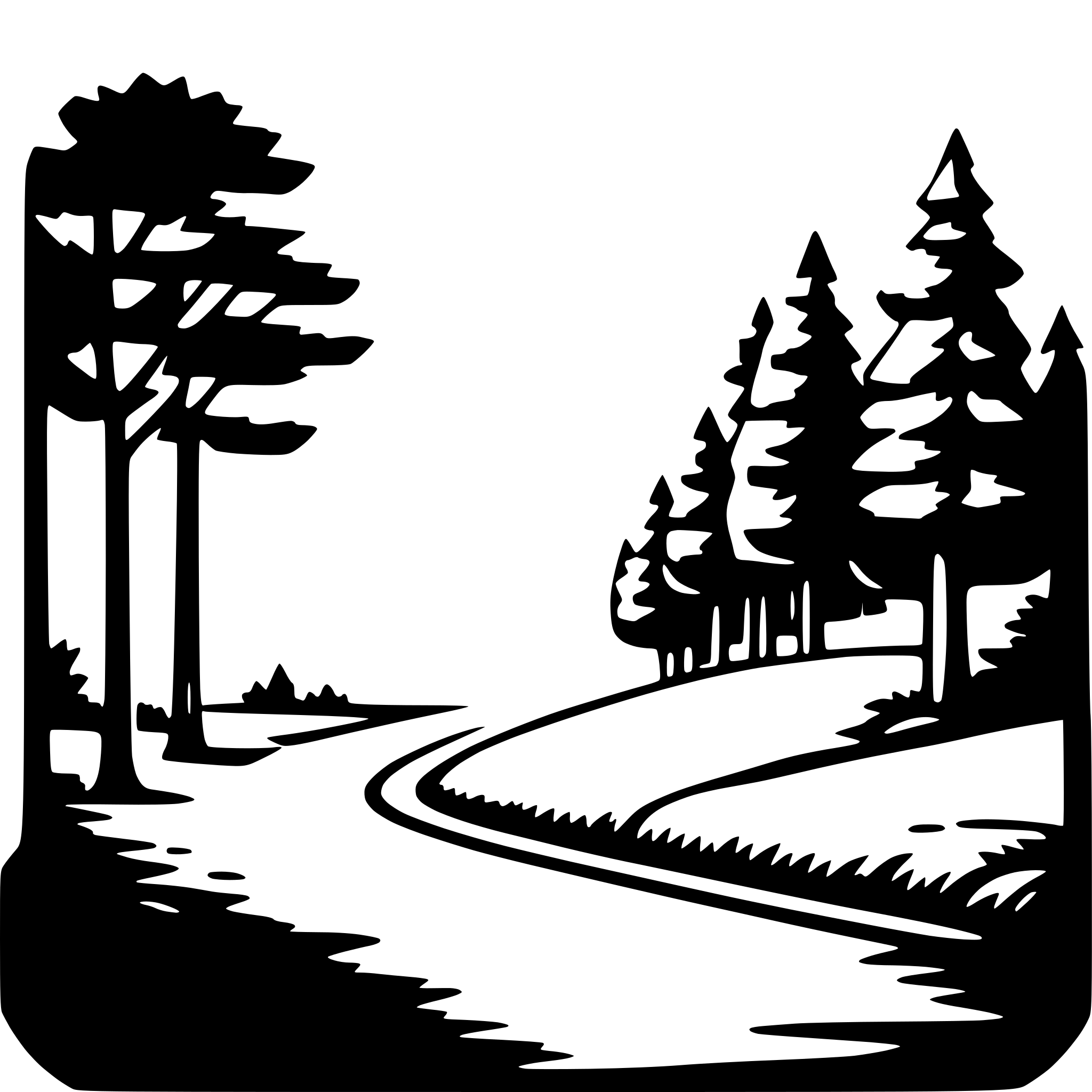 The SVG depicts a stylized, monochromatic scene of a forested area with a winding road. The main objects are trees on the left side, a road that curves to the right, and a clear sky above. The trees are silhouetted against the lighter background, and the road is shown with a slight shadow, suggesting depth and perspective. The overall impression is one of a peaceful, natural setting, possibly a rural or forested area. 