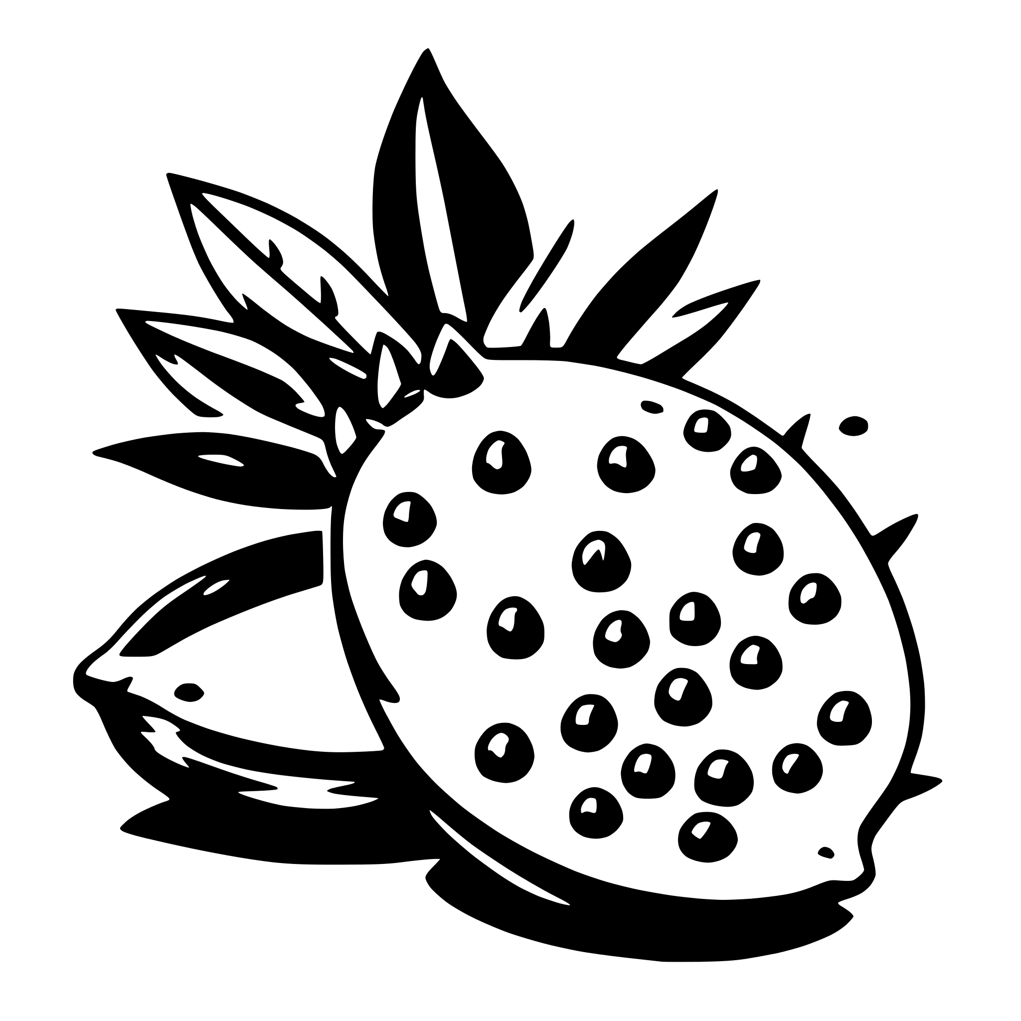 The SVG depicts a stylized illustration of a fruit, which appears to be a berry or a type of fruit with a spiky exterior. The fruit has a prominent, darker center with numerous small, dark dots, suggesting seeds or a similar texture. Surrounding the central part of the fruit are pointed, leaf-like shapes that could be interpreted as leaves or petals, adding to the overall organic and natural appearance of the illustration. The fruit is presented in a way that it is slightly tilted to the side, with the pointed leaves or petals extending outward, giving a sense of movement or growth. The style of the illustration is simple and cartoonish, with bold outlines and a limited color palette. 