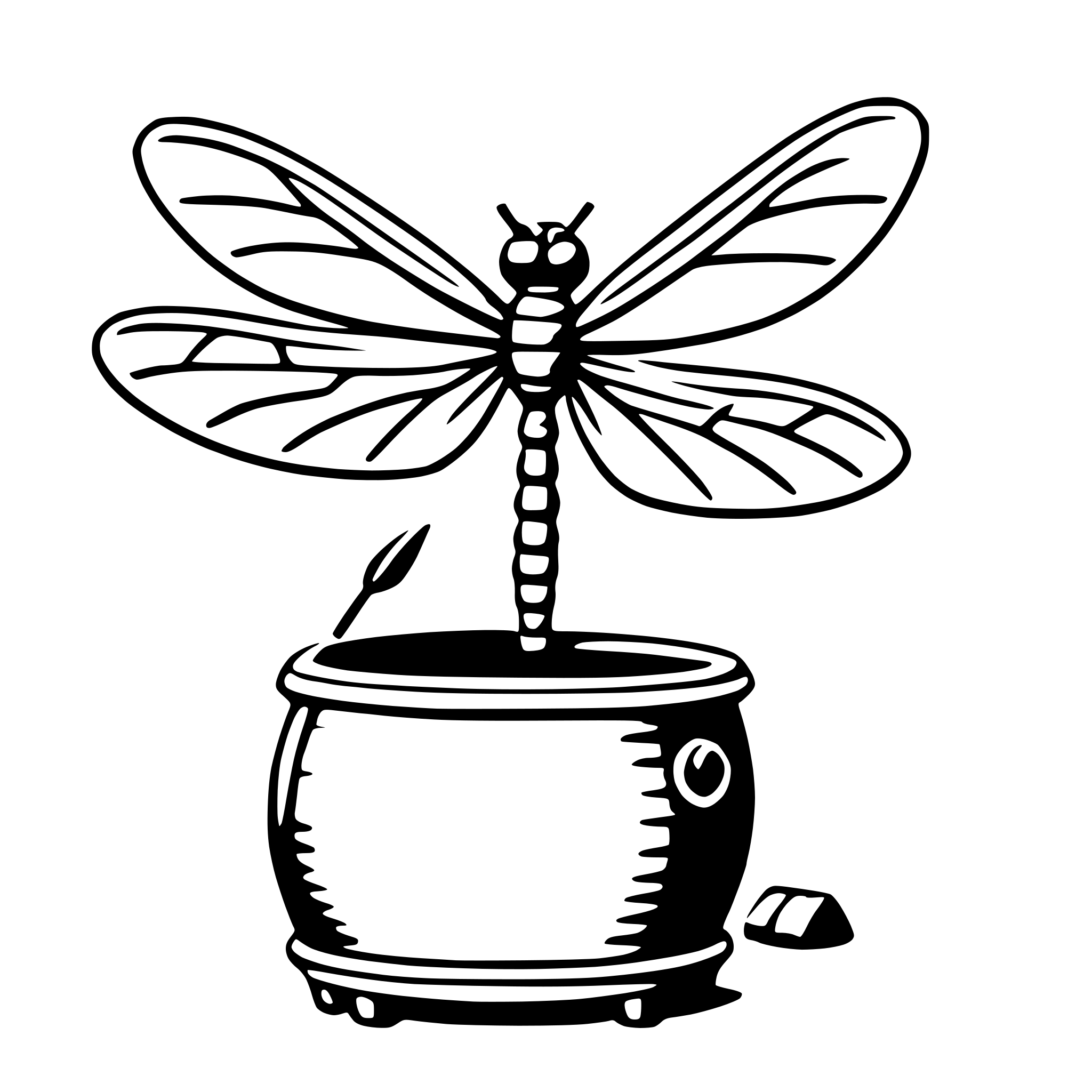 The SVG features a stylized illustration of a dragonfly perched on a small, round pot. The dragonfly has two wings, a long antenna, and a body with a segmented abdomen. The pot appears to have a lid and a handle, and there is a small object that resembles a leaf or a flower next to the pot. The dragonfly is facing towards the right side of the SVG. The style of the illustration is simple and cartoonish, with solid black lines against a white background. 