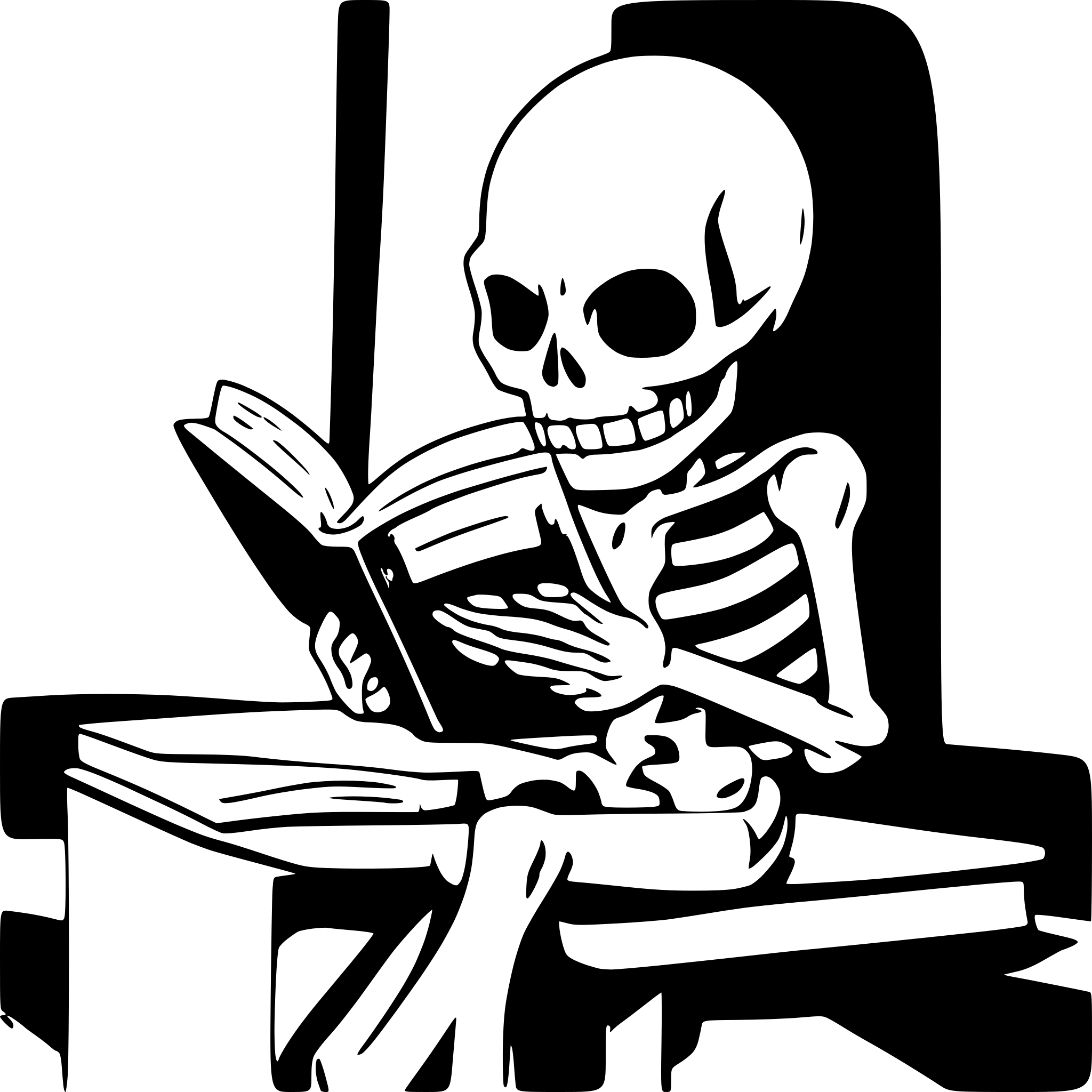 AI-generated SVG of a skeleton reading a book