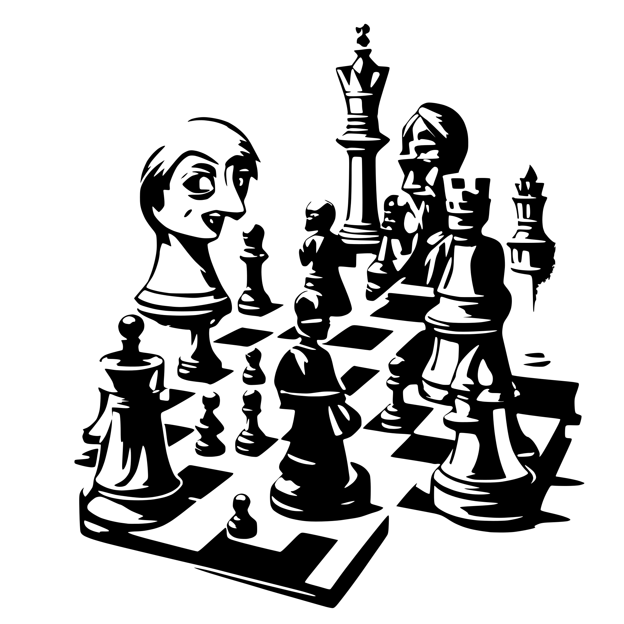 AI-generated SVG of a Chess Theme: fighting pawns and watching kings. basic black and white