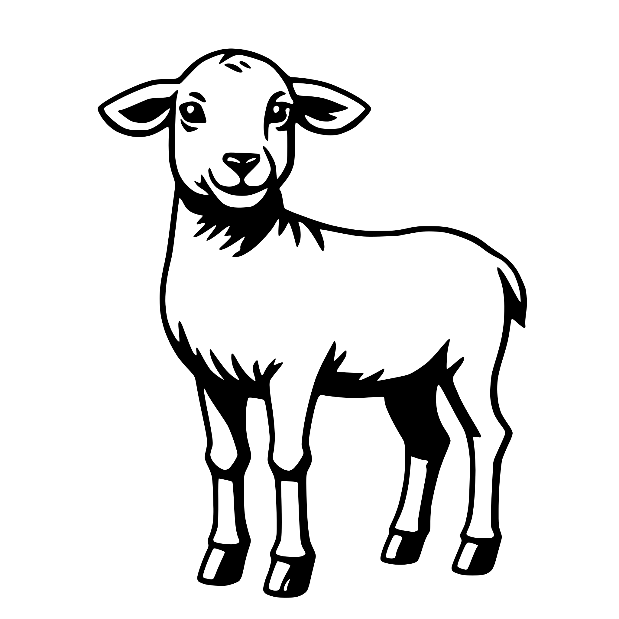 The SVG shows a simple line drawing of a sheep. The sheep is depicted with a round head, two ears, two eyes, a nose, and a mouth. It has a body with a back, a belly, and a tail. The legs are shown with two front legs and two hind legs, each ending in a hoof. The sheep is standing upright with its head turned slightly to the side. There is no interaction between objects as this is a single-object SVG. 