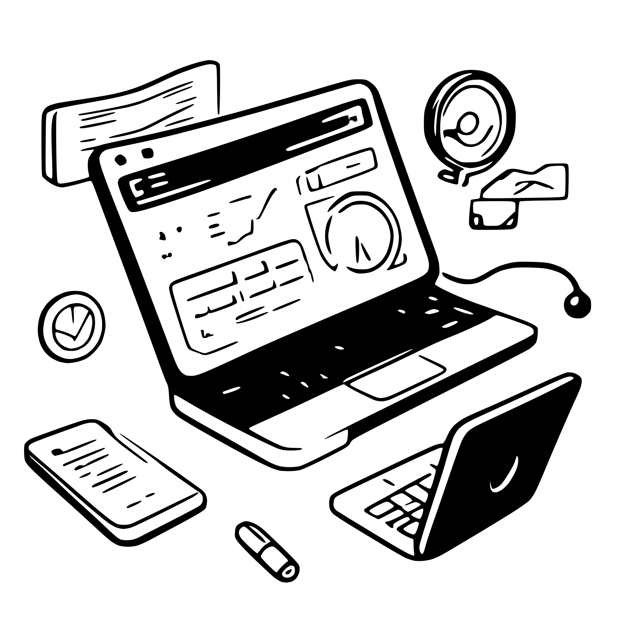 AI-generated SVG of 'A laptop displaying the SUBI dashboard, highlighting metrics like DSCR, ROI, and Payback Period. Surround the laptop with icons of a magnifying glass (analysis), handshake (negotiation), and clipboard (document generation).'