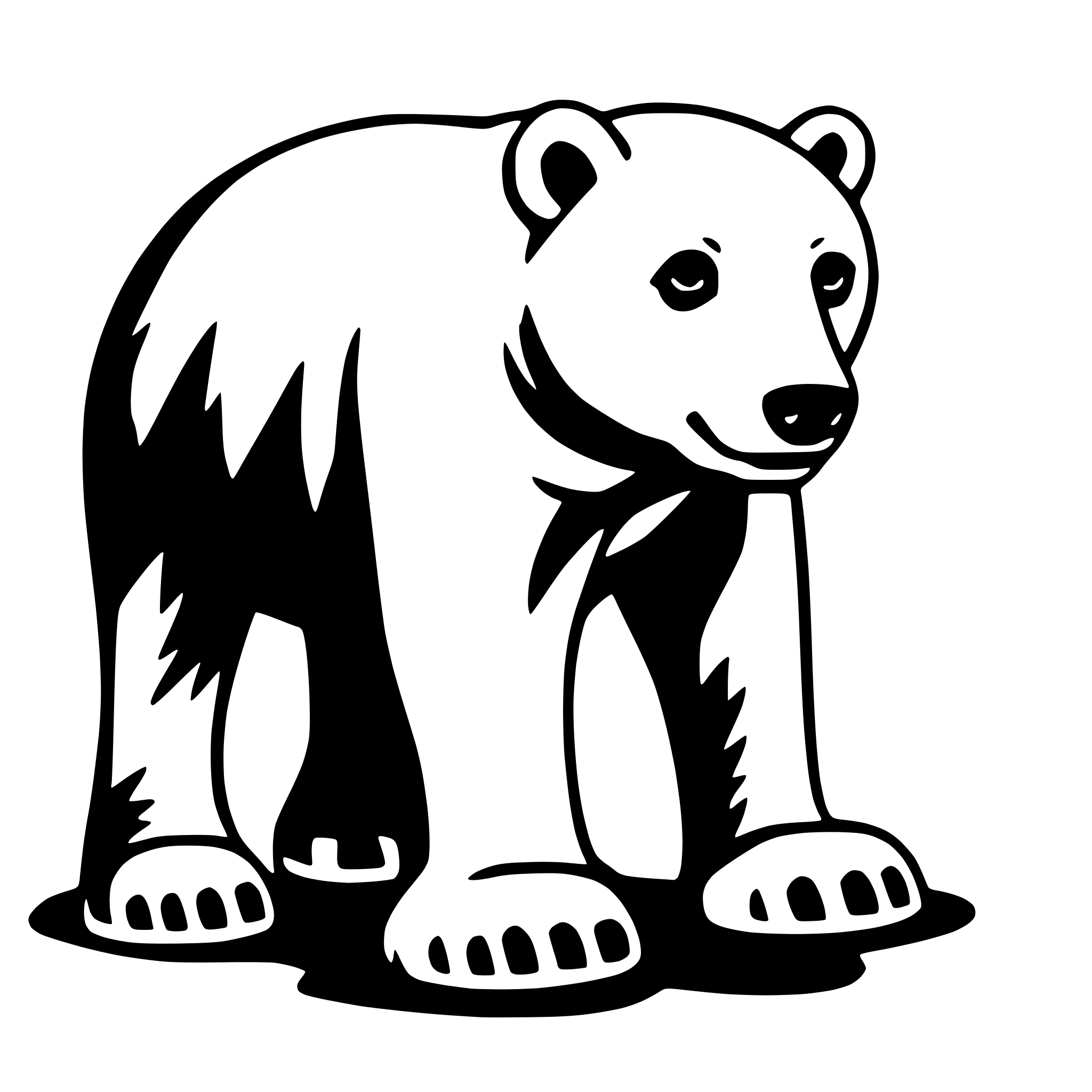 The SVG depicts a stylized, cartoon-like illustration of a polar bear. The bear is standing upright on its hind legs, with its front paws raised slightly off the ground. It has a simple, outline-only design with no shading or color, which is typical for vector graphics. The bear's facial features are minimal, with only the eyes, nose, and mouth visible. The SVG does not show any interaction between objects, as it is a single, isolated figure. 