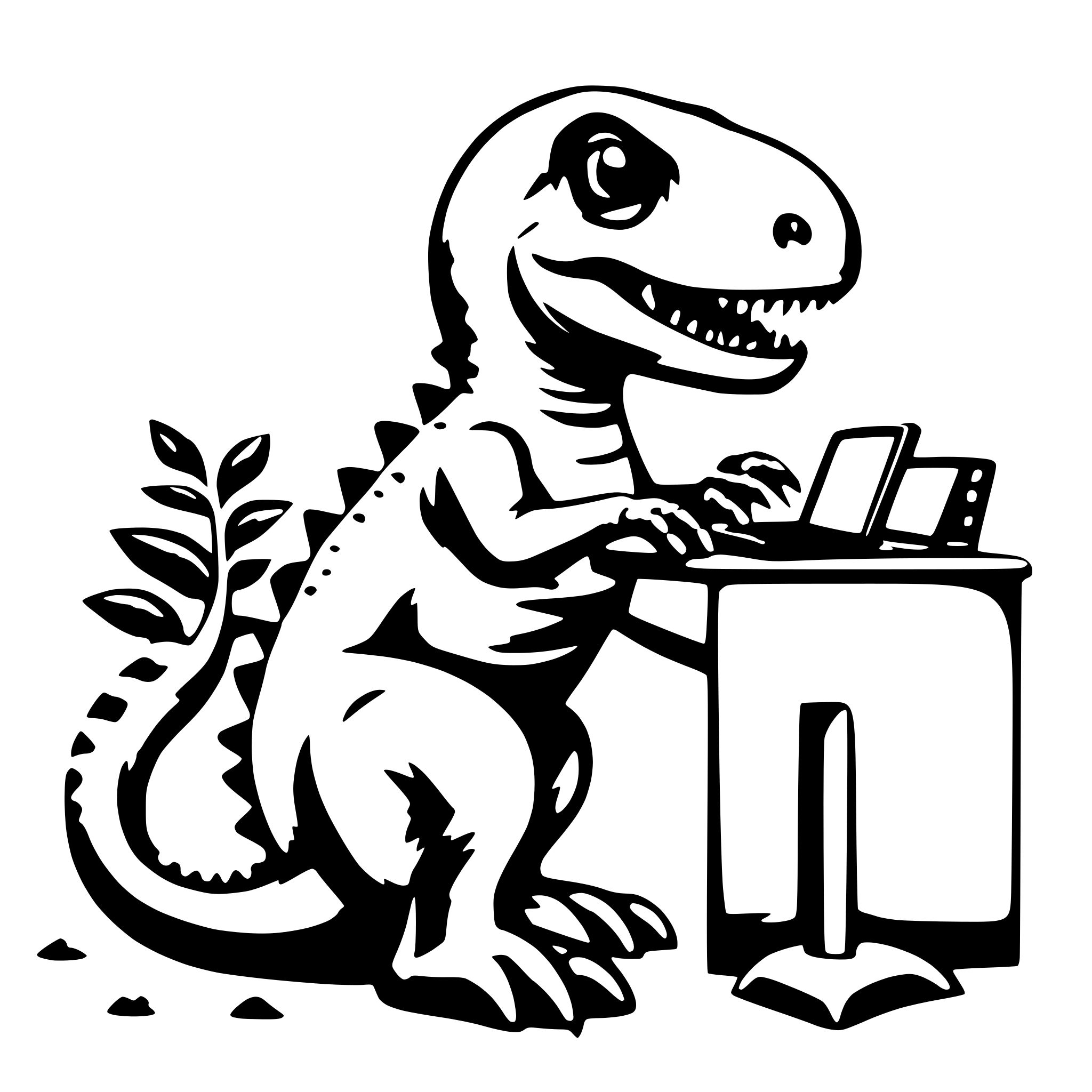 AI-generated SVG of 'cute t-rex with computer'