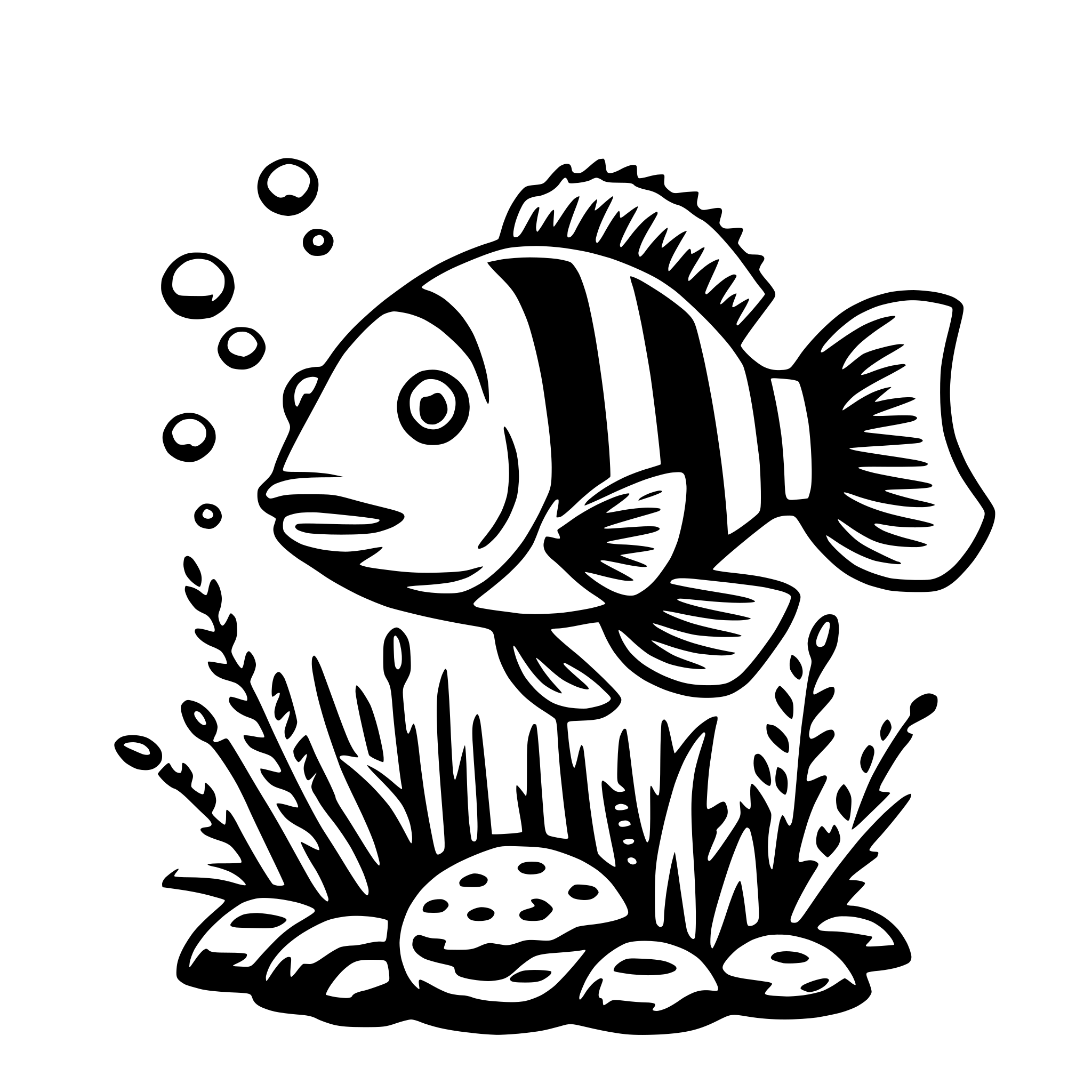 The SVG depicts a stylized black and white illustration of a fish leaping out of the water. The fish is characterized by its striped pattern and is shown with its mouth open, as if it is in the process of jumping. Below the fish, there is a representation of aquatic plants, including what appears to be a lily pad and some submerged plants. The fish is surrounded by bubbles, suggesting movement and the disturbance of the water's surface. The overall impression is that of a dynamic, underwater scene. 