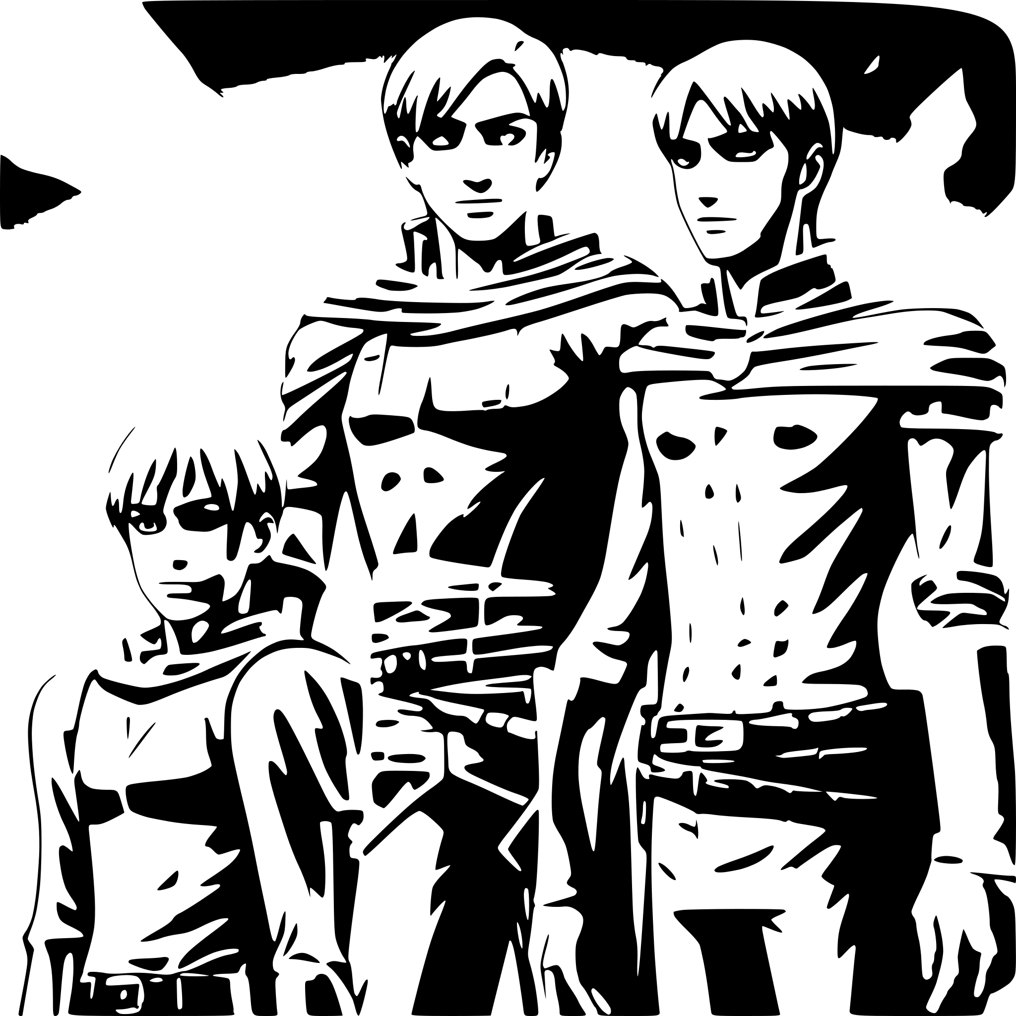 AI-generated SVG of 'erwin Smith levi Ackermann, erwin big and strong levi small and petite. hold their hand in battle in the background are titan ready to attack'