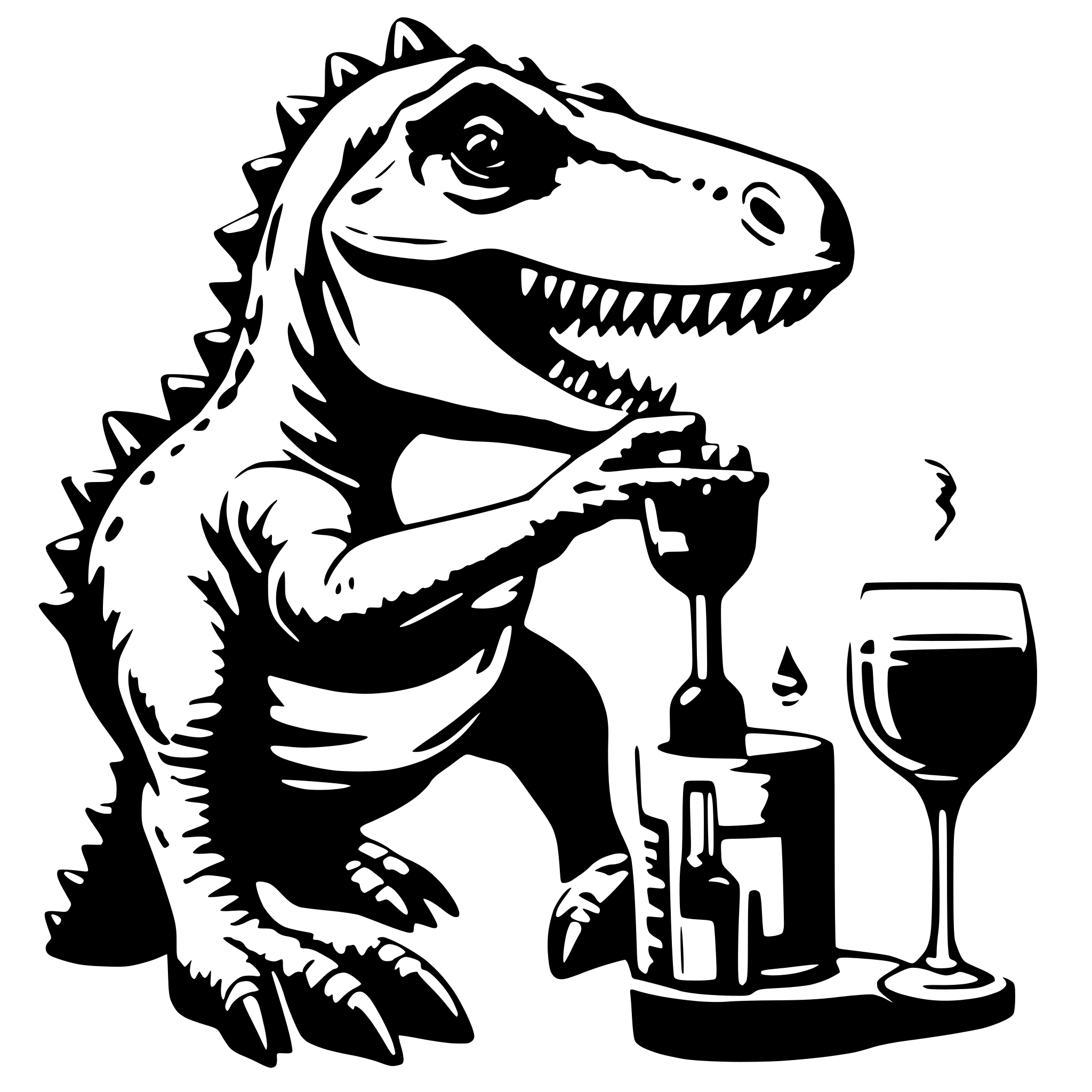 AI-generated SVG of a dinosaur with a glss of wine in the hand