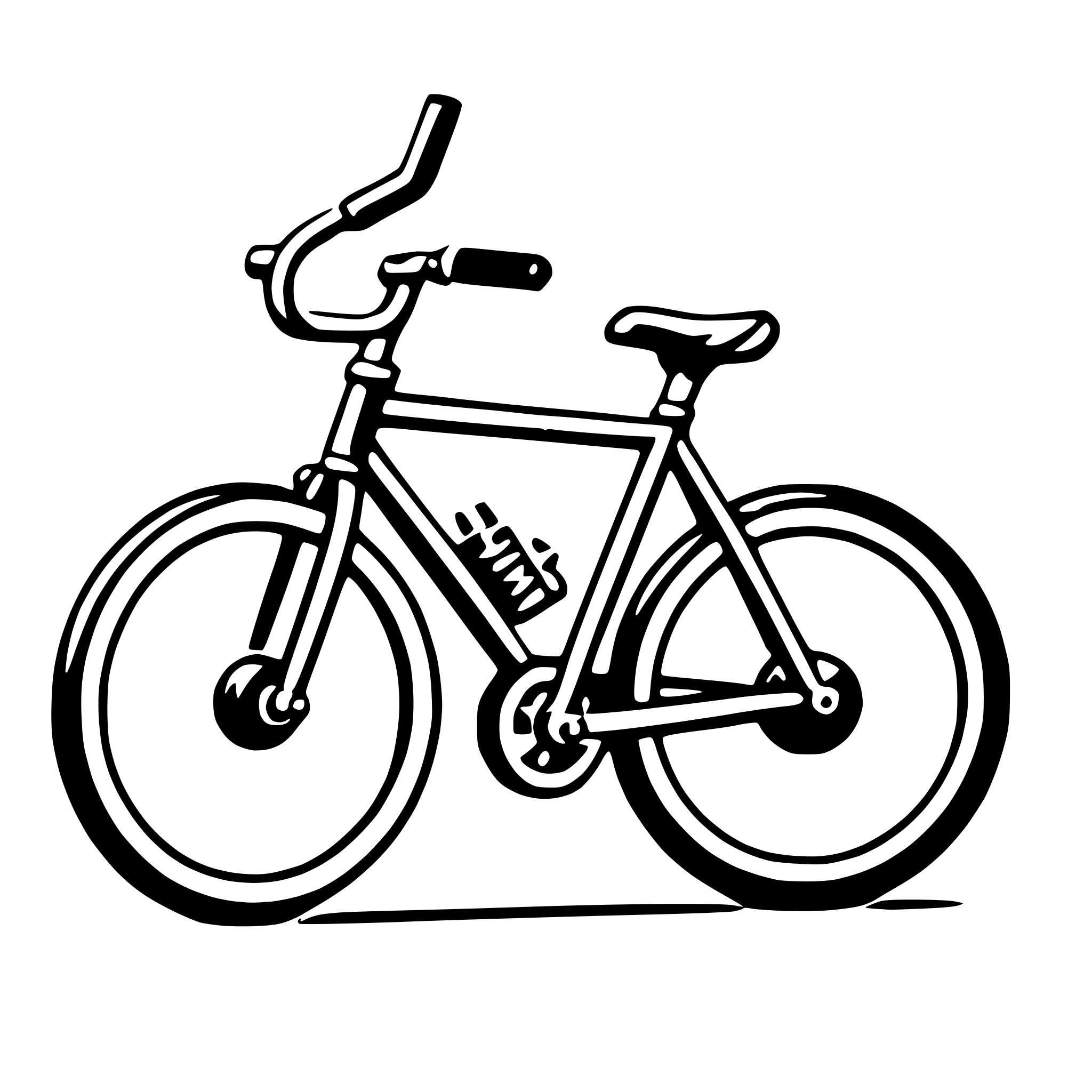 The SVG shows a simple line drawing of a bicycle. The bicycle has a frame with two wheels, a seat, handlebars, and a chain. The wheels are depicted with spokes and a central hub. The seat is positioned above the rear wheel, and the handlebars are attached to the frame at the front. The chain is shown connecting the front sprocket to the rear sprocket. The bicycle is oriented with the front wheel pointing to the right and the rear wheel to the left. The SVG is a vector graphic, which means it can be scaled up or down without losing quality. 