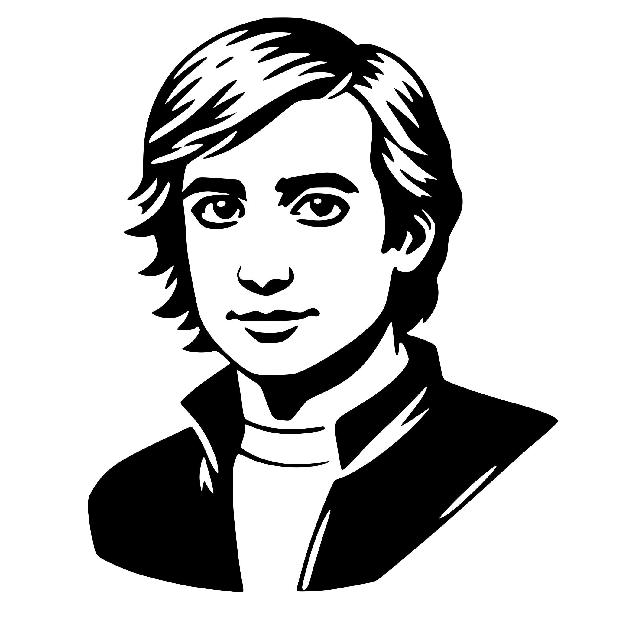The SVG is a black and white vector illustration of a person's head and shoulders. The person has short hair, a neutral expression, and is wearing a dark jacket with a lighter inner layer visible at the neckline. The style is simplistic and stylized, with clean lines and minimal shading. The SVG does not contain any text or additional objects. 