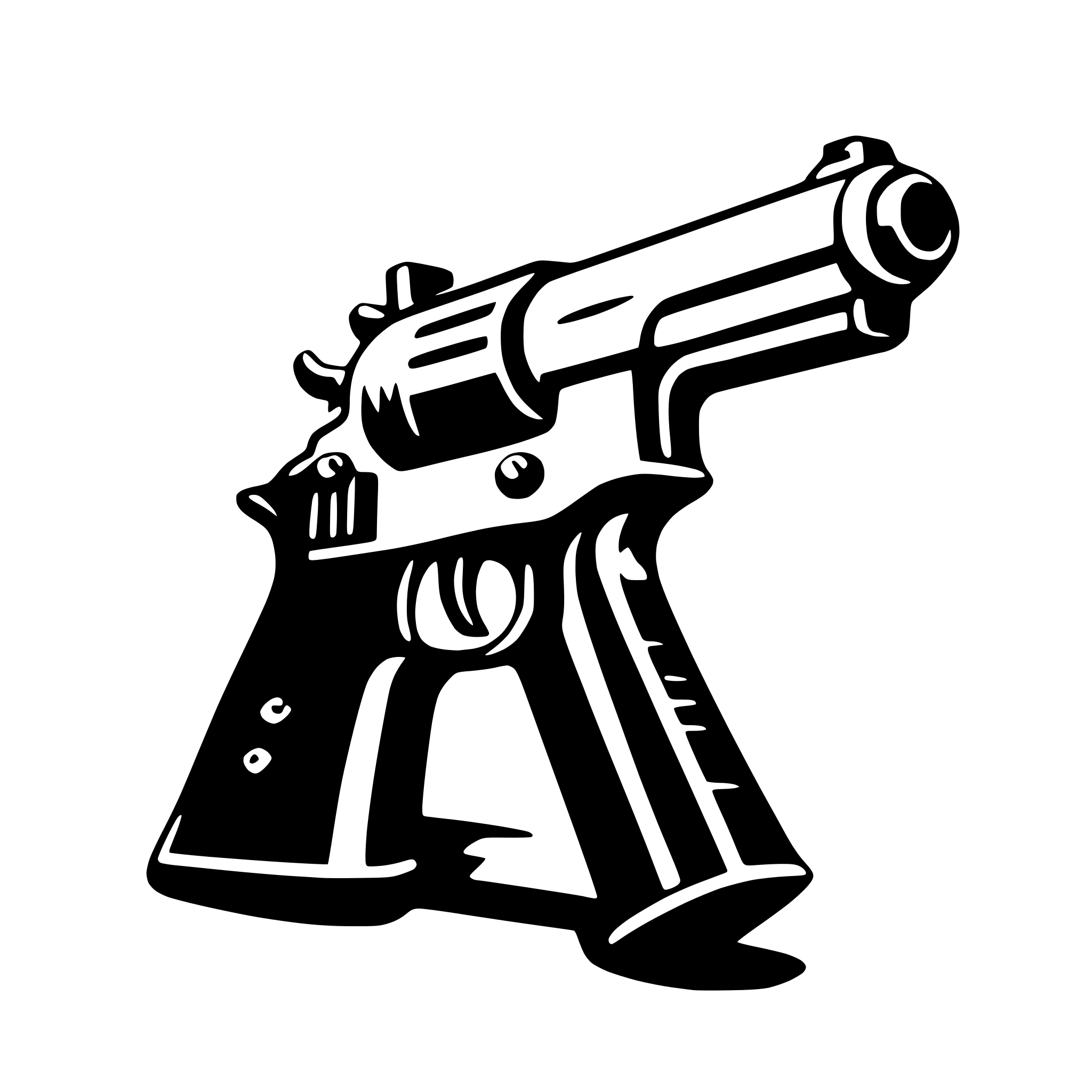 The SVG shows a stylized, black and white illustration of a handgun. The gun is depicted in a side profile view, with the barrel pointing to the right and the grip and handle extending to the left. The design is simplistic, with no intricate details or textures, and it appears to be a flat graphic rather than a three-dimensional rendering. The gun is the central object in the SVG, and there are no other objects or interactions depicted. 