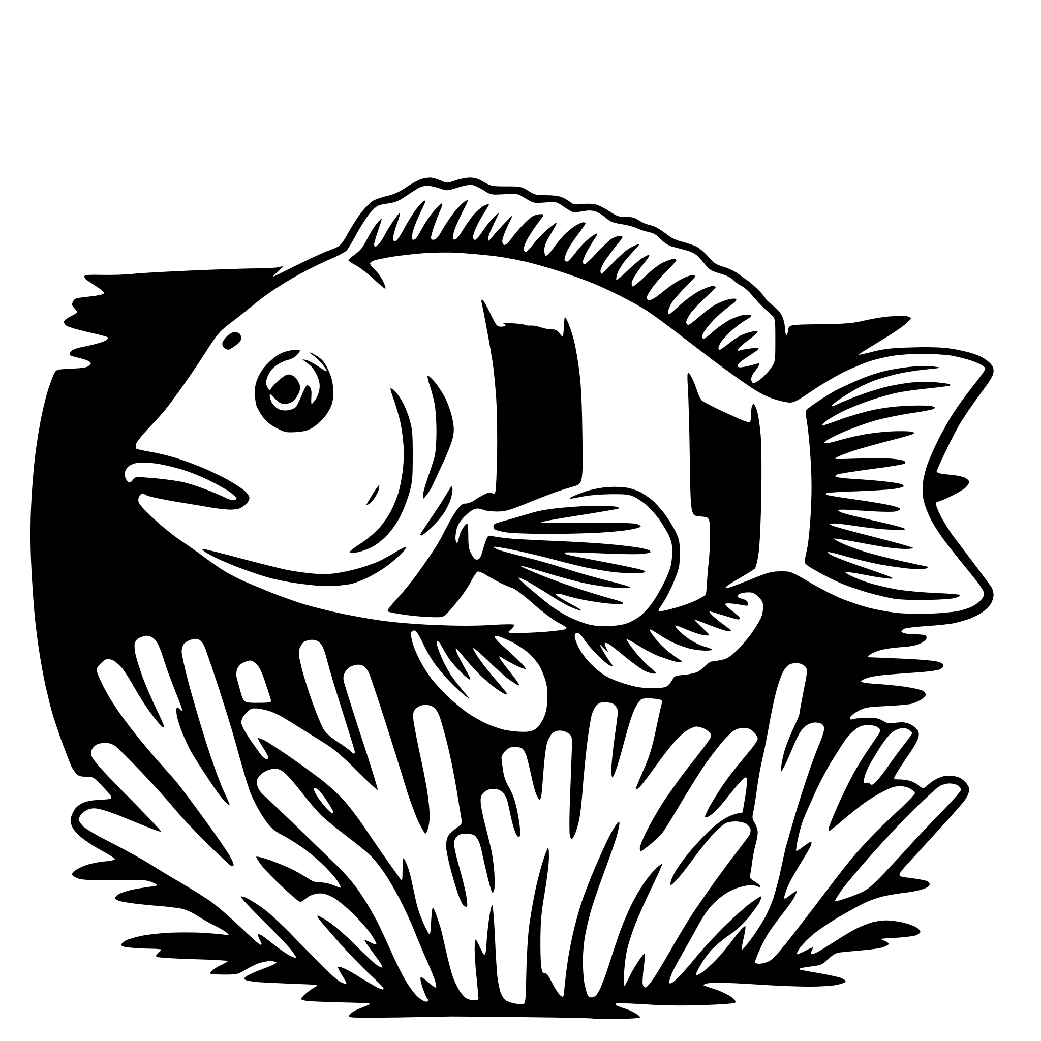 The SVG depicts a stylized black and white illustration of a fish. The fish is shown swimming through what appears to be a body of water, with its fins and tail fin visible. The fish is oriented towards the right side of the SVG, suggesting movement in that direction. The background is a simple, dark silhouette that contrasts with the lighter color of the fish, emphasizing its presence. There are no other objects or interactions depicted in the SVG. 