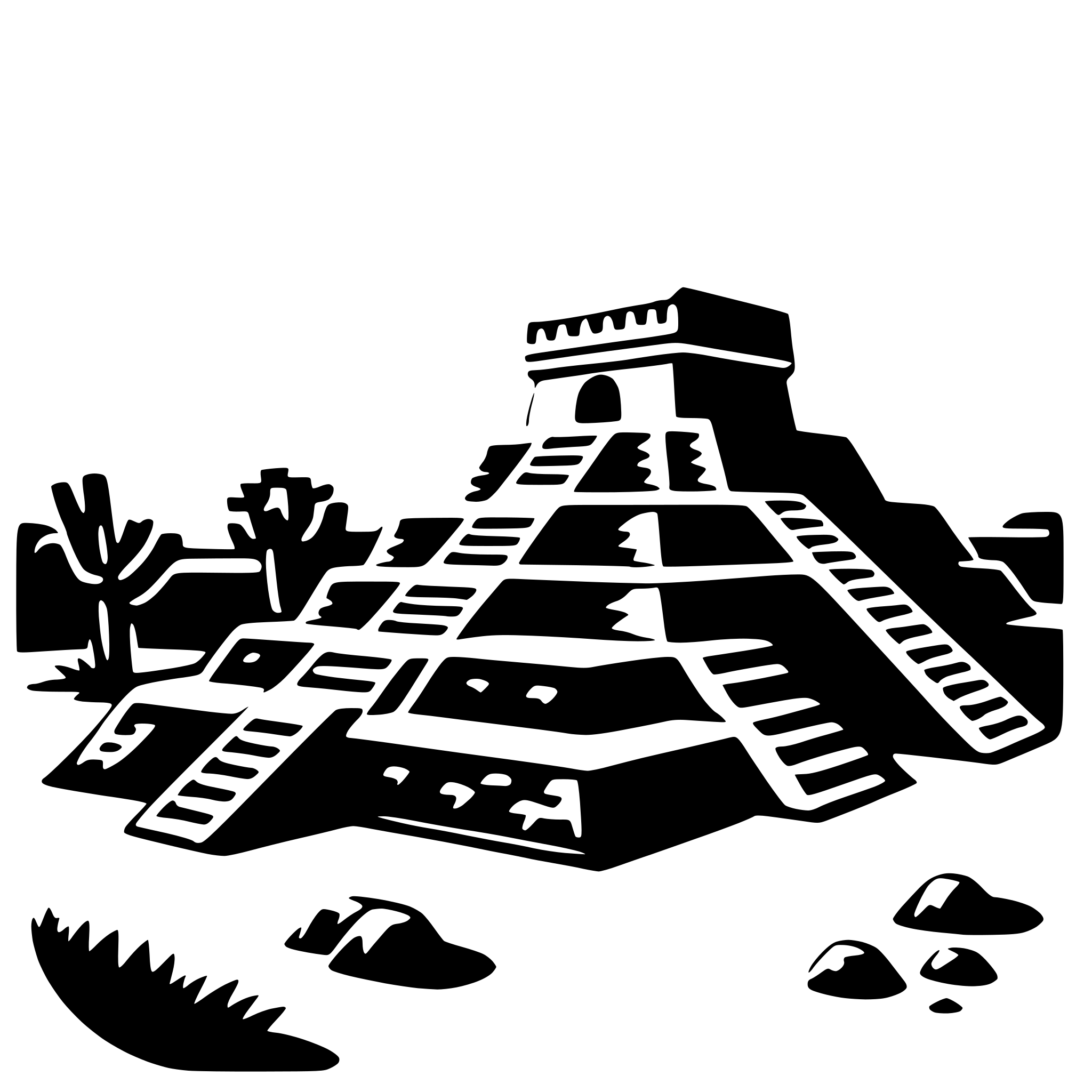 The SVG depicts a stylized representation of the ancient Mesoamerican pyramid complex known as Teotihuacan. The pyramid is the central and most prominent feature, with multiple levels and a flat top. Surrounding the pyramid are various other structures, including what appears to be a temple or shrine with a smaller pyramid-like structure on top. There are also staircases leading up to the main pyramid, suggesting access for worship or ceremonial purposes. The surrounding area includes vegetation and a body of water, which could be a representation of the lake that was once present around Teotihuacan. The overall style is simplistic and graphic, with clean lines and a limited color palette. 