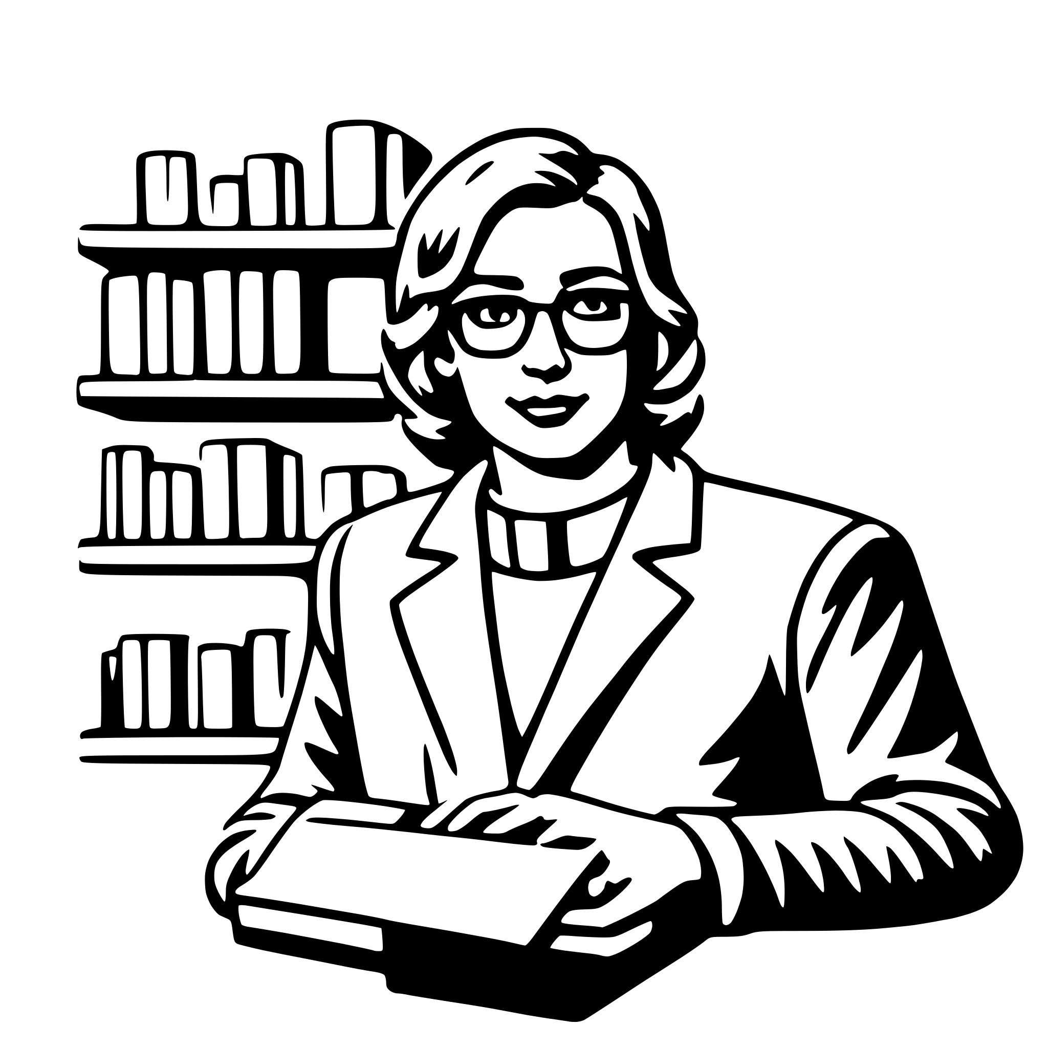 The SVG depicts a stylized illustration of a person, likely a woman, wearing glasses and a suit. She is seated at a desk with a book open in front of her, suggesting she might be reading or studying. Behind her is a bookshelf filled with books, indicating a scholarly or professional setting. The illustration is simple and uses solid lines and flat colors, which is characteristic of vector graphics. The person is the central figure, and the bookshelf serves as a backdrop to her. The interaction between the person and the bookshelf is that of a reader or scholar with her reference materials. 