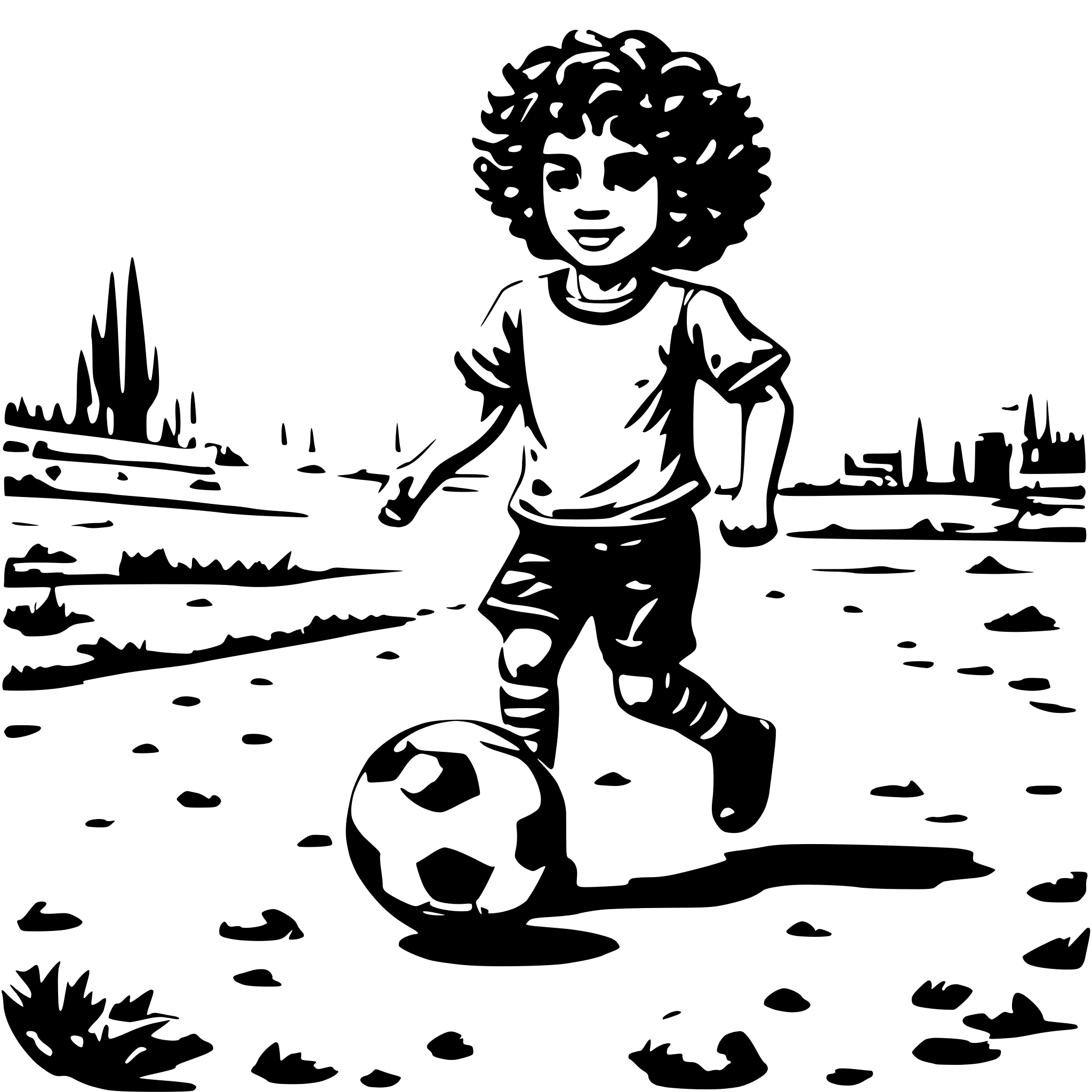 AI-generated SVG of 'A cute little boy, with curly hair, playing soccer with his friends on the dirt field of their neighborhood in Iran.'