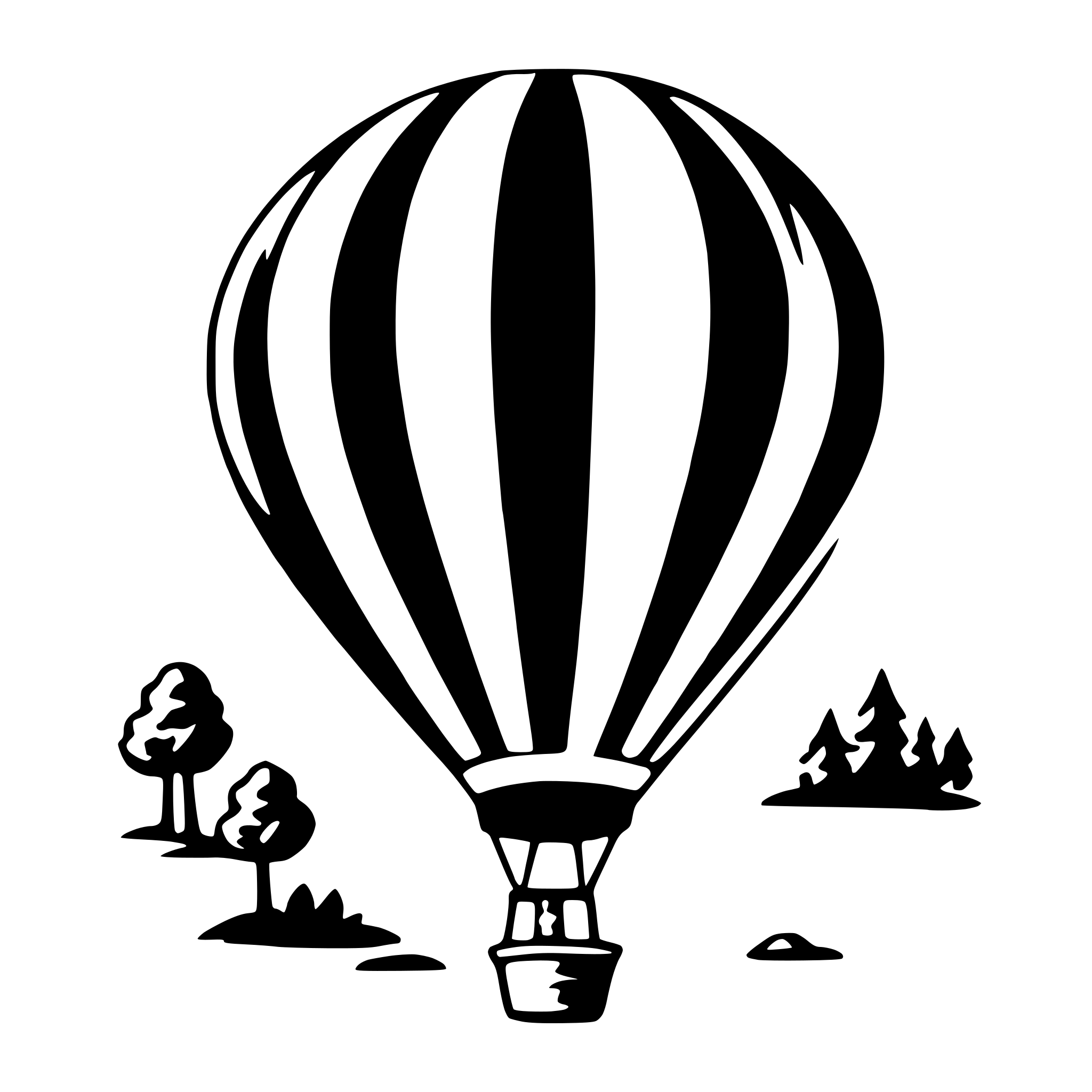 The SVG features a stylized depiction of a balloon with a basket attached to its base, floating above a landscape. The landscape includes a few trees and a small hill or mound. The balloon has a classic design with alternating black and white stripes, and it appears to be tethered to the ground by a rope, which is not visible in the SVG. The overall style is simplistic and cartoonish, with bold outlines and minimal shading. 