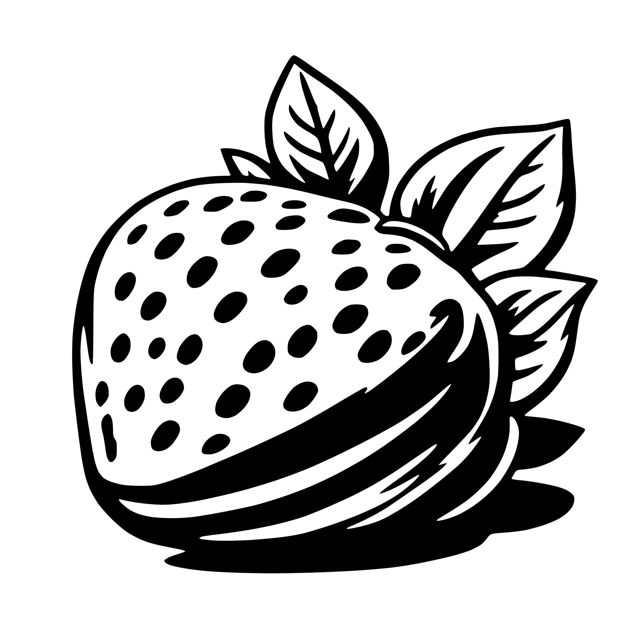 The SVG depicts a stylized strawberry with a green leaf attached to its top. The strawberry has a textured surface with small dots, and the leaf has a smooth, curved outline. The strawberry is oriented with its stem pointing upwards, and the leaf is positioned to the right of the strawberry. The SVG is simple and uses solid colors without any gradients or shading. 