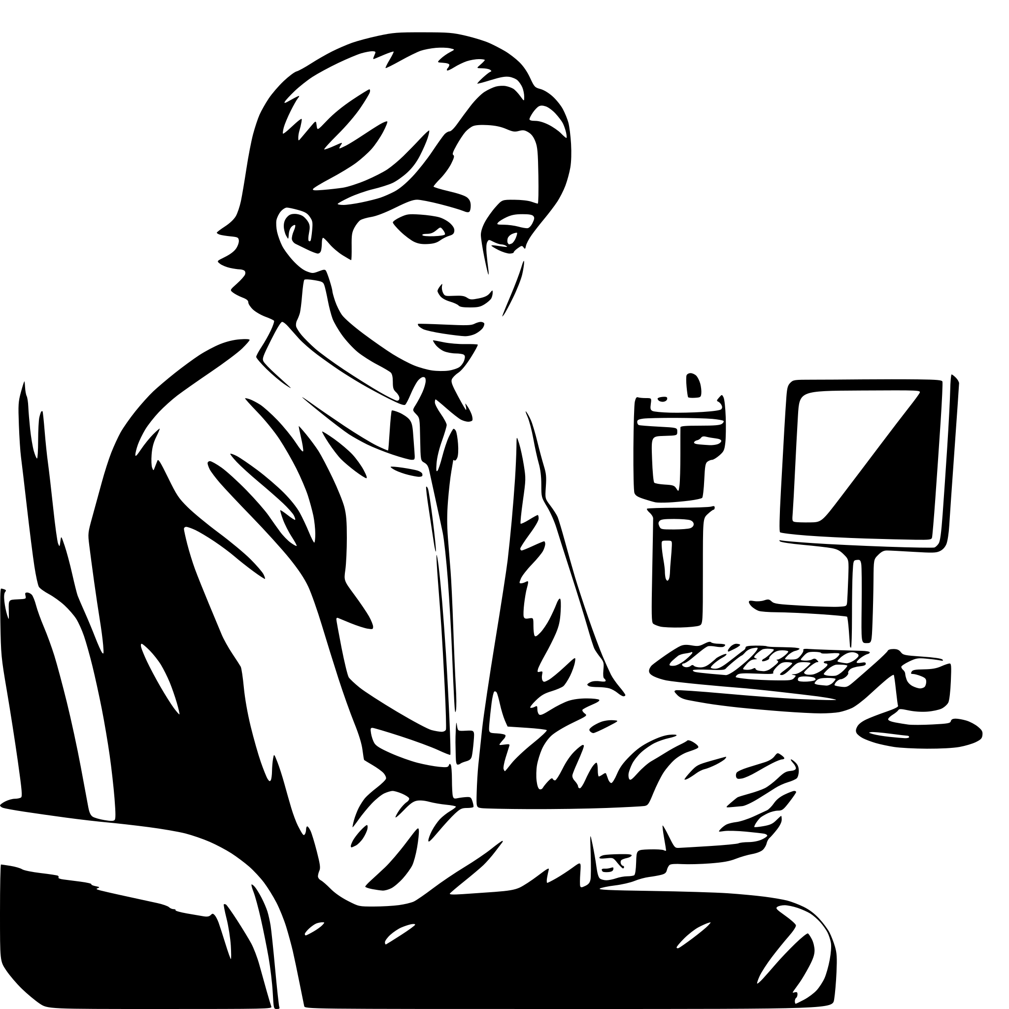 AI-generated SVG of 'seseorang pria duduk di depan komputer dengan ekspresi bingung.'