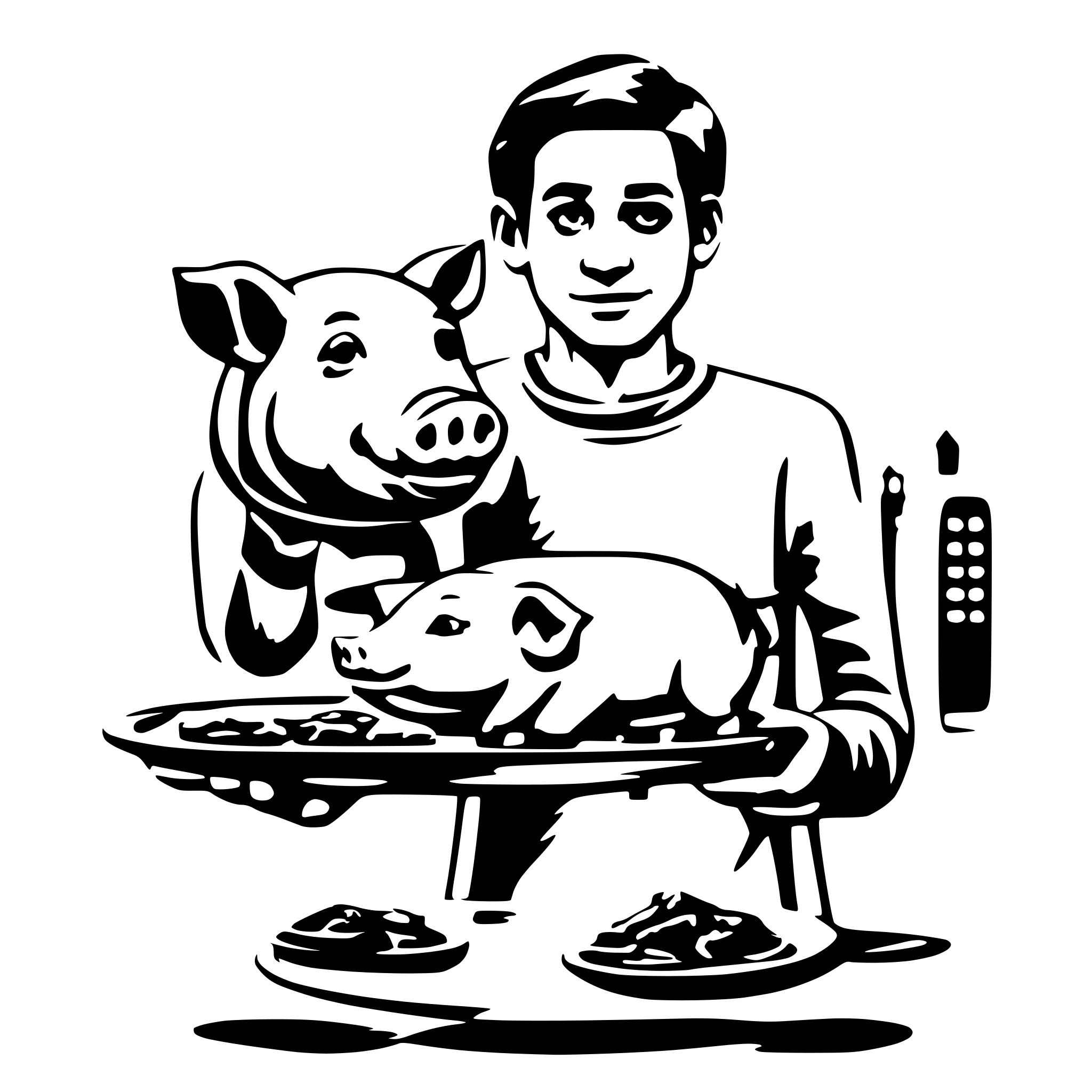AI-generated SVG of a a man withe a very pig body small head holding a plate off food