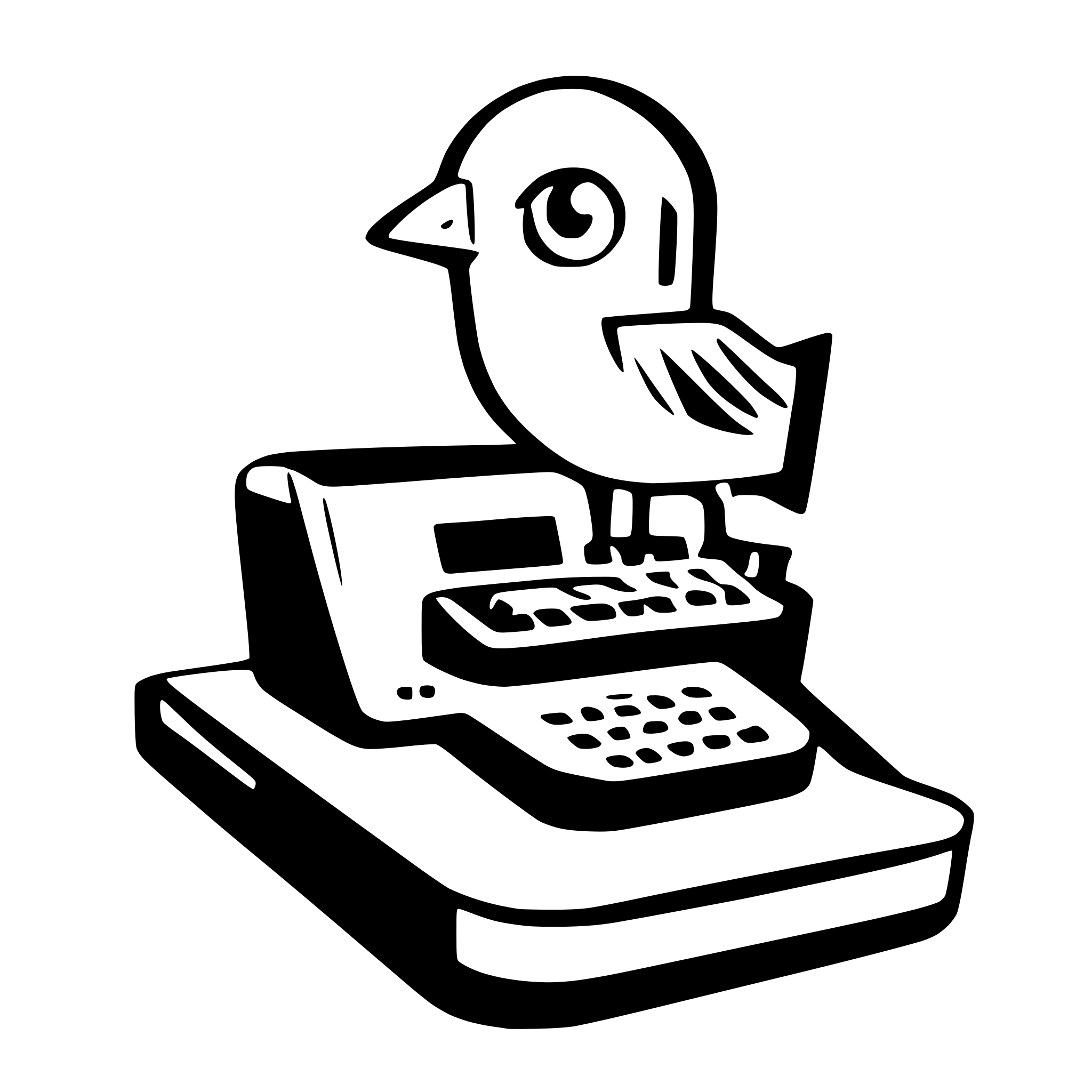 AI-generated SVG of a Simple bird-outline bot typing on a floating terminal, modern UI, clean lines, white background.