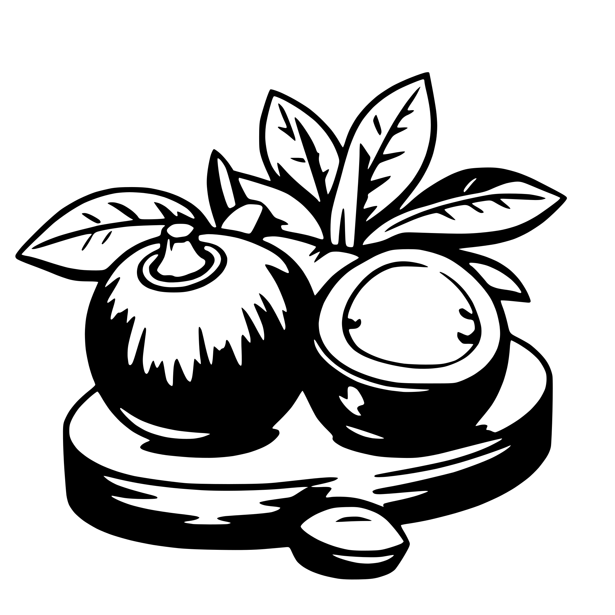 The SVG depicts a stylized illustration of a fruit arrangement. There is a large, round fruit with a stem on top, which appears to be a pomegranate, positioned centrally. To the left of the pomegranate, there is a smaller, round fruit with a stem, which could be an apple or a pear, and to the right, there is a similar fruit. Both of these fruits are partially obscured by the larger pomegranate. The fruits are placed on a circular base that resembles a plate or a stand, and there are leaves with a simple, stylized design surrounding the fruits, suggesting a natural, organic setting. The illustration is monochromatic, with the fruits and leaves in black against a white background. 