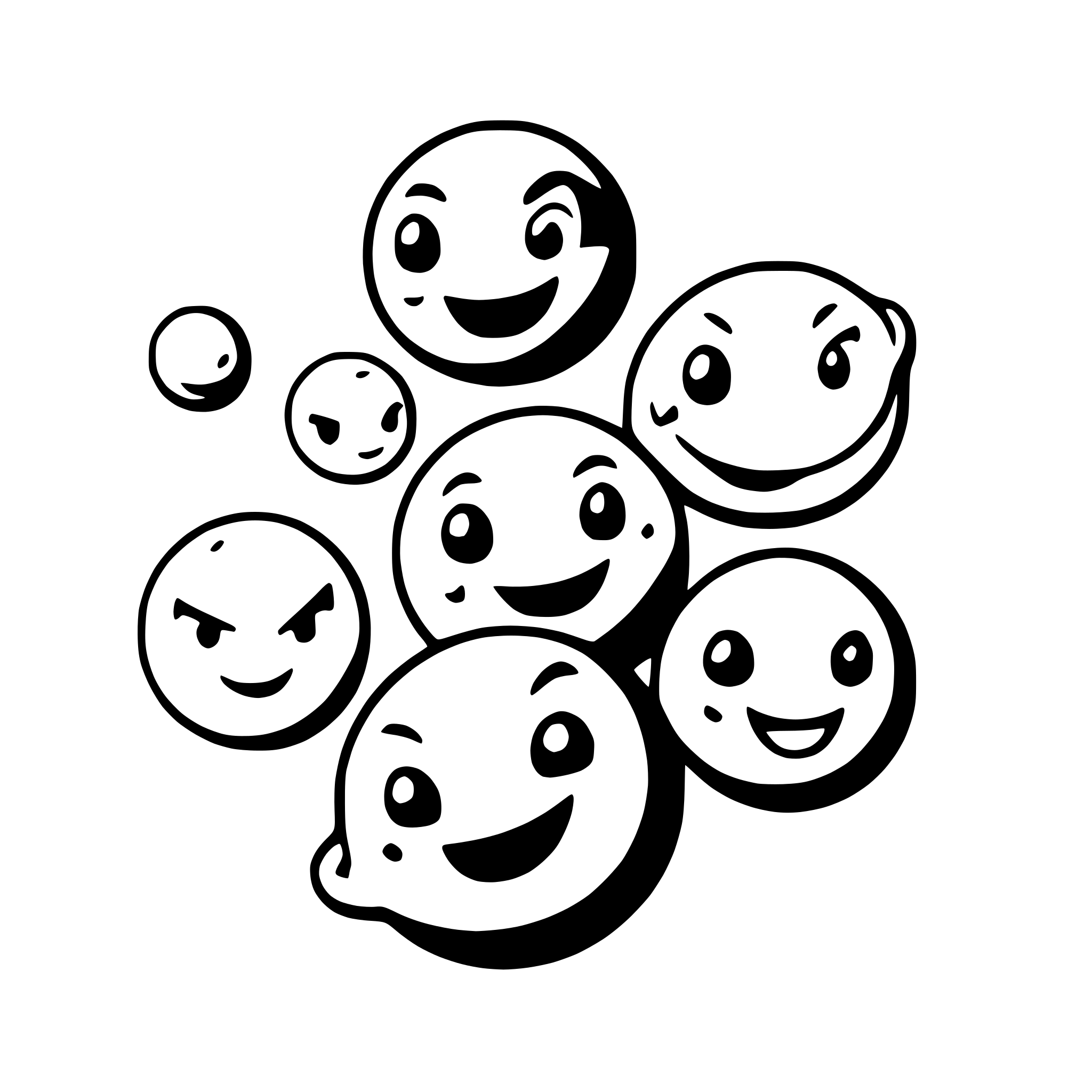 AI-generated SVG of a a group of happy planets in space