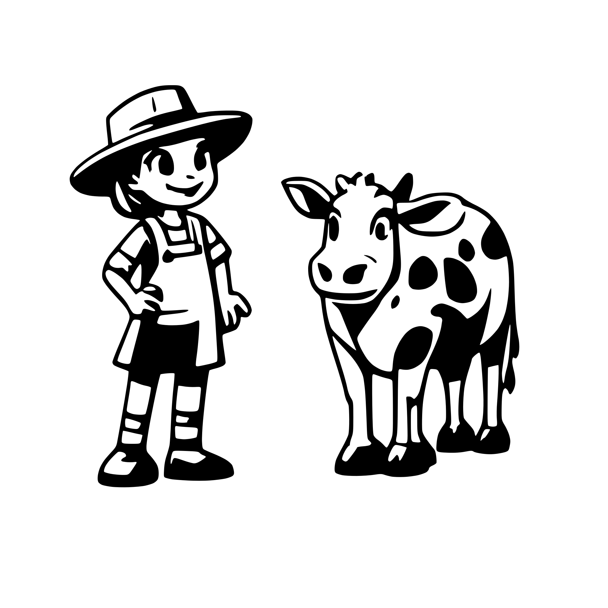 AI-generated SVG of a A Farmer holding a childs hand standing next to a cow
