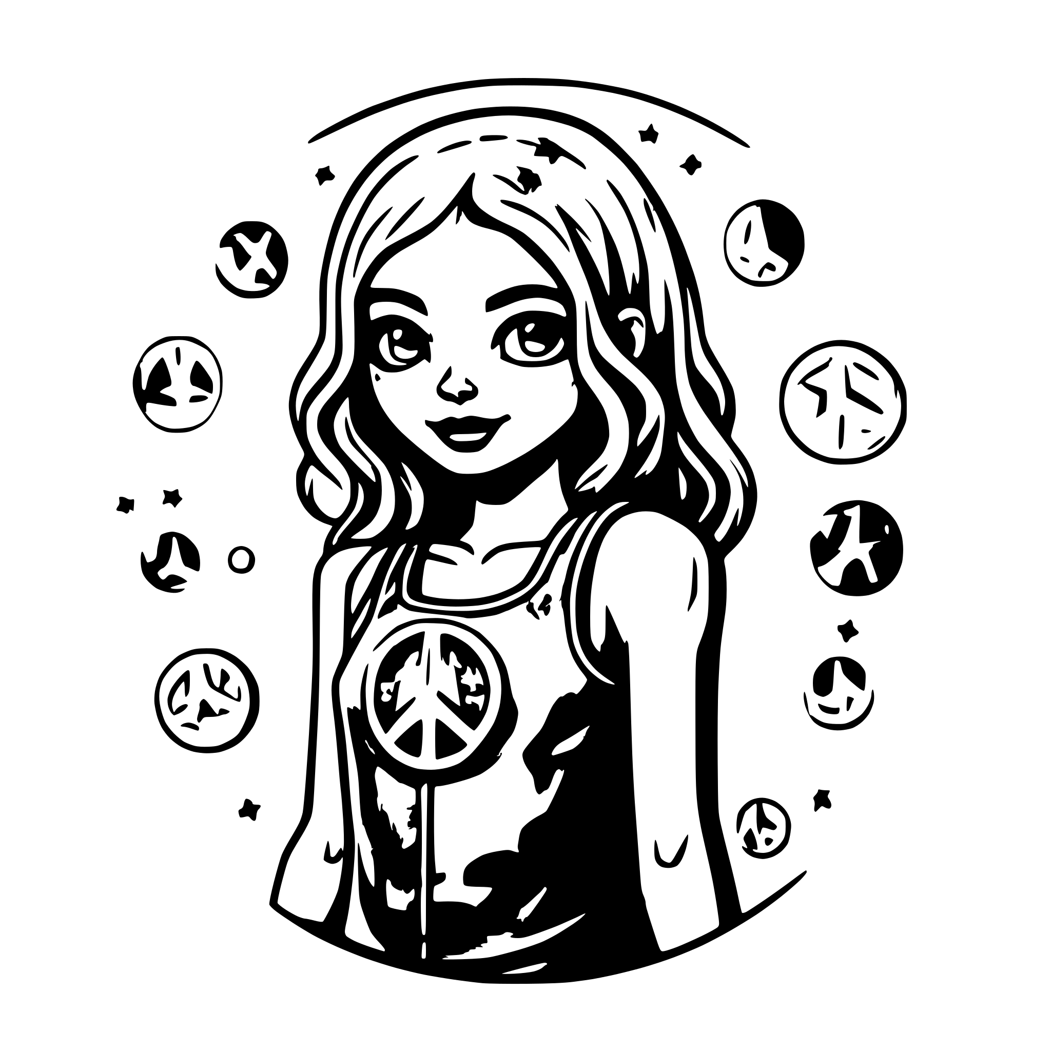 AI-generated SVG of a Cute smiling zombie girl encircled in a coin with stars and moon in the background. Wearing a tank top and showing peace sign with her hand. you can see her from head to knees