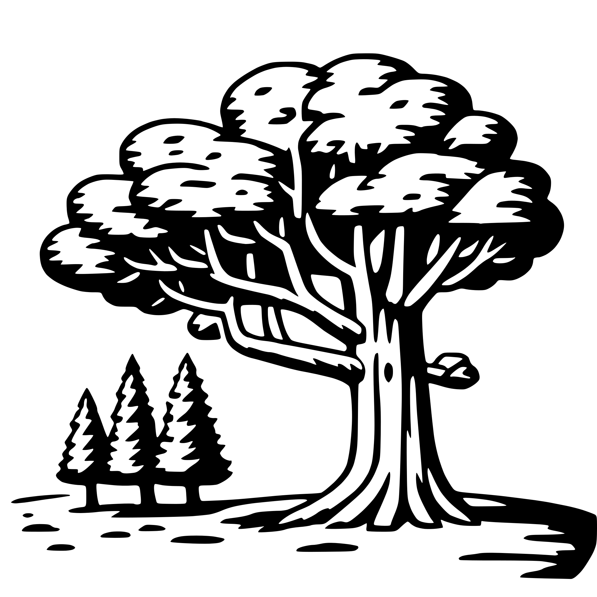 The SVG features a stylized tree with a thick trunk and a full canopy of branches and leaves. Below the tree, there are two smaller trees, which appear to be pine trees, given their triangular shape and pointed tops. The background is a simple, flat surface that suggests a ground or a field. The tree and the pine trees are the main objects in the SVG, and they are depicted in a way that suggests a natural, outdoor setting. The tree is larger and more detailed than the pine trees, which are smaller and less detailed. The pine trees are positioned directly below the larger tree, indicating a possible relationship such as offspring or a forest setting. The SVG does not contain any text or additional elements that would provide more context or information. 