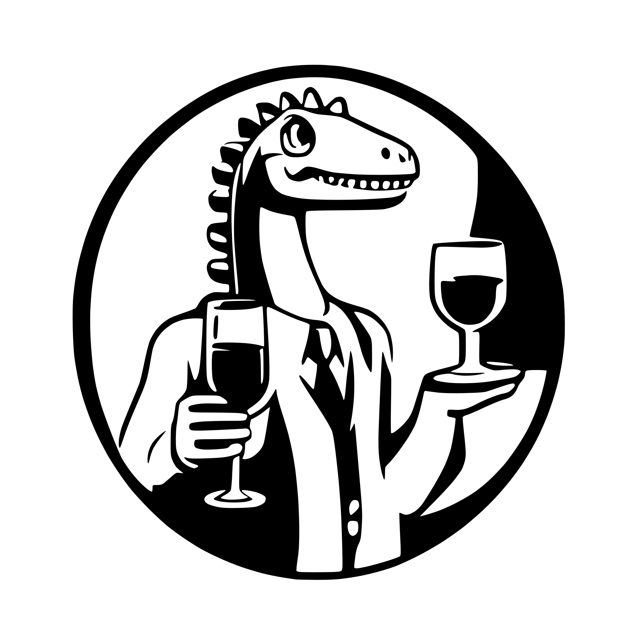 AI-generated SVG of a dinosaur with a glss of wine in the hand